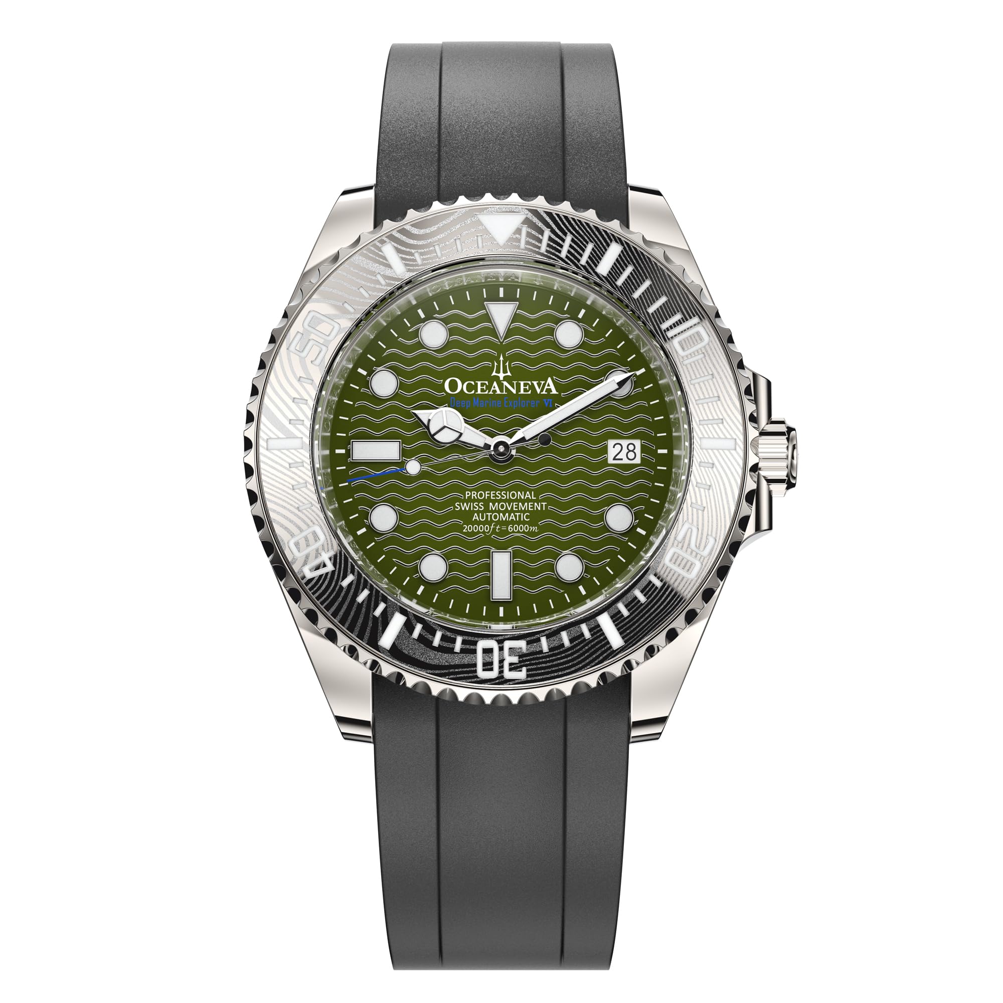 Oceaneva Deep Marine Explorer VI 6000m Automatic Dive Watch 44mm Grade 5 Titanium Case Green Wave Dial Damascus Steel Bezel Swiss Movement Limited Edition 50 Helium Valve Sapphire Crystal