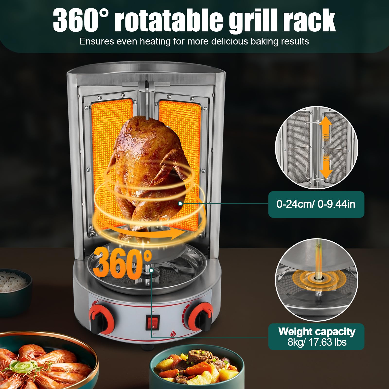 Barbacoa de gas de 4300 W, 220 V, pincho de kebab de 360°, máquina de kebab de gas, barbacoa de acero inoxidable, parrilla vertical para casa, parrilla de pollo, parrilla de mesa para vacuno, cerdo