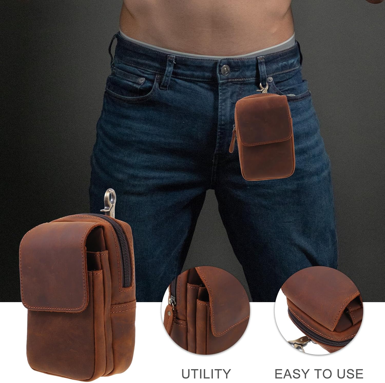 PRETYZOOM Cell Phone Waist Bag Men’S Outdoor Leather Waist Pouch Portable Phone Protective Pouch Mini Belt Bag for Hiking Worksite Use