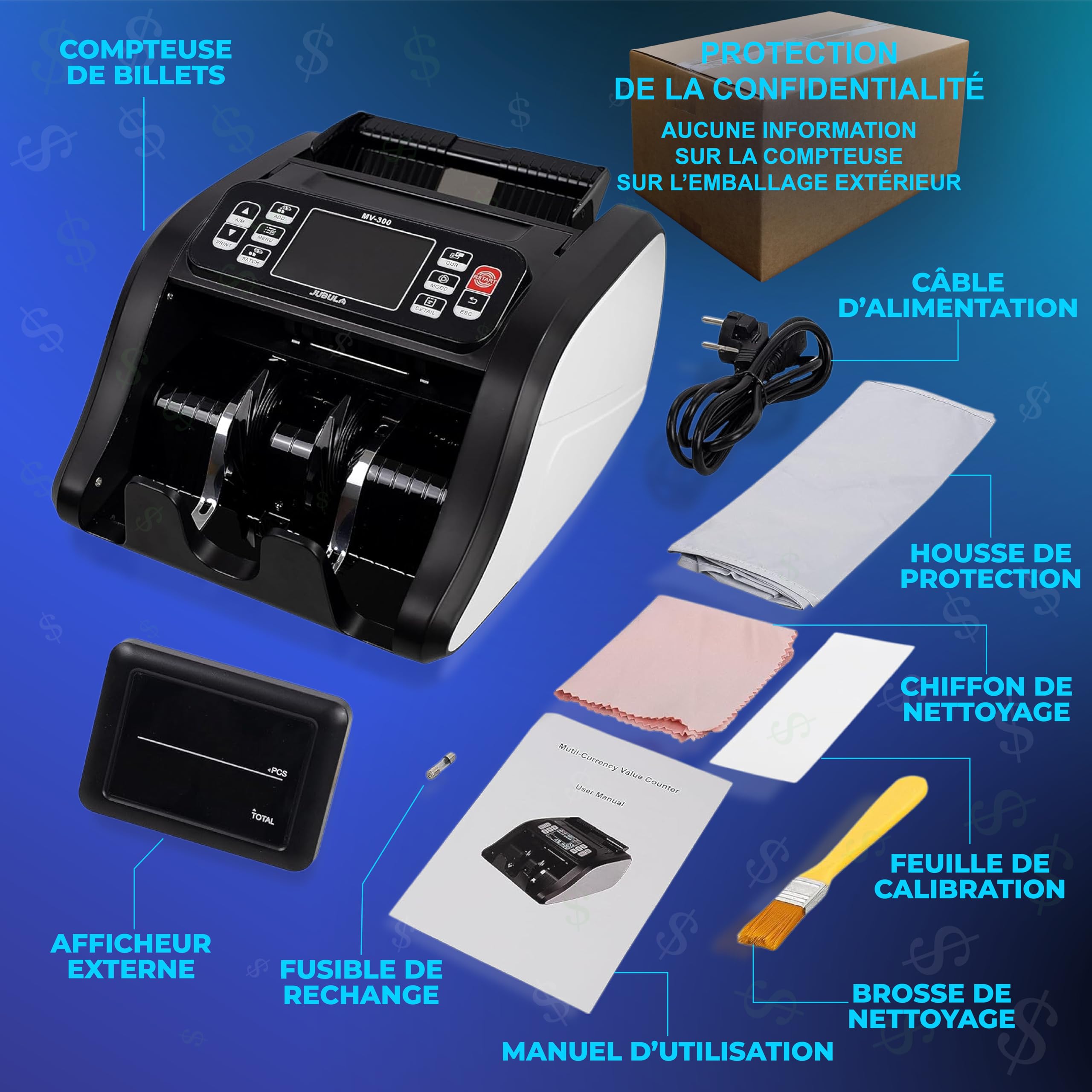 MV-300 - Compteuse de billets de banque mixtes avec détection avancée de faux billets en 8 points | EUR, USD, GBP | Valorisatrice de billets | Sûre et Précise | Compteur de valeurs pour billets