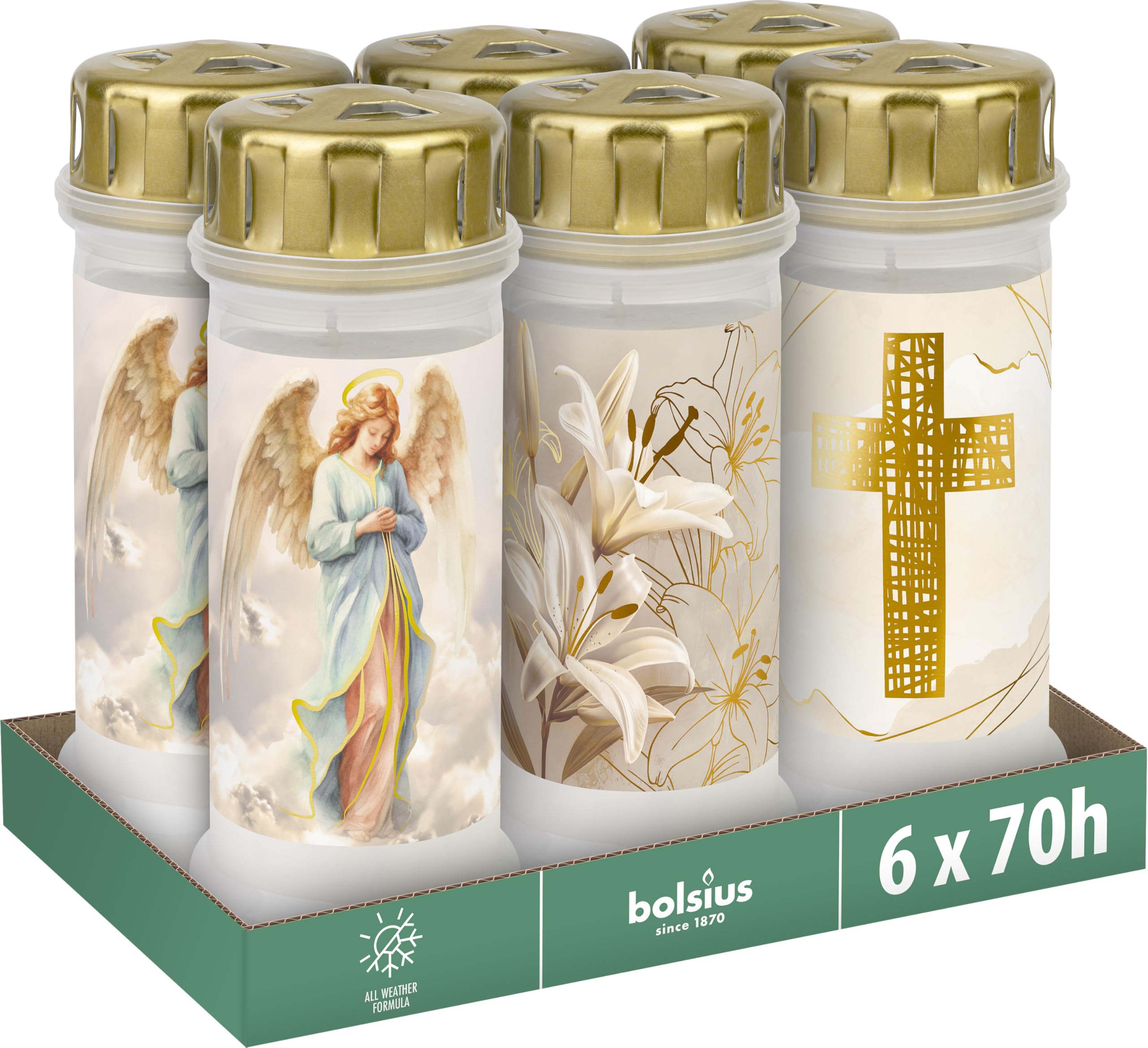 Bolsius - Grave Candle no. 6 + lid - with Motif - 6 Pieces - Burning time 70 Hours - Contains Natural Plant Wax - Palm Oil Free, Glossy