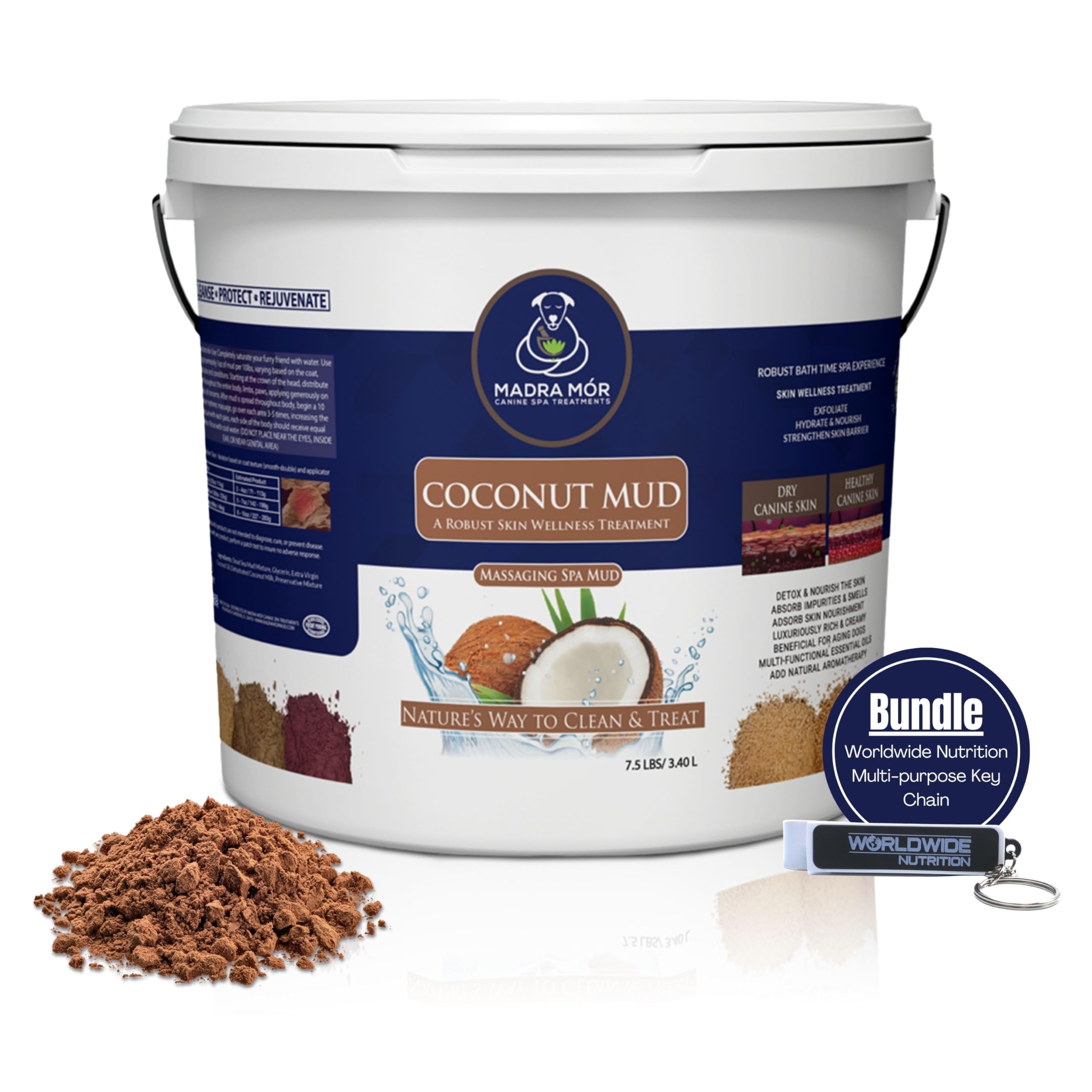 Madra Mor Coconut Mud Dog Wash Spa Essentials | Dog Grooming | Dry Skin Treatment | 7.5lb Pail with Worldwide Nutrition Multi-Purpose Keychain