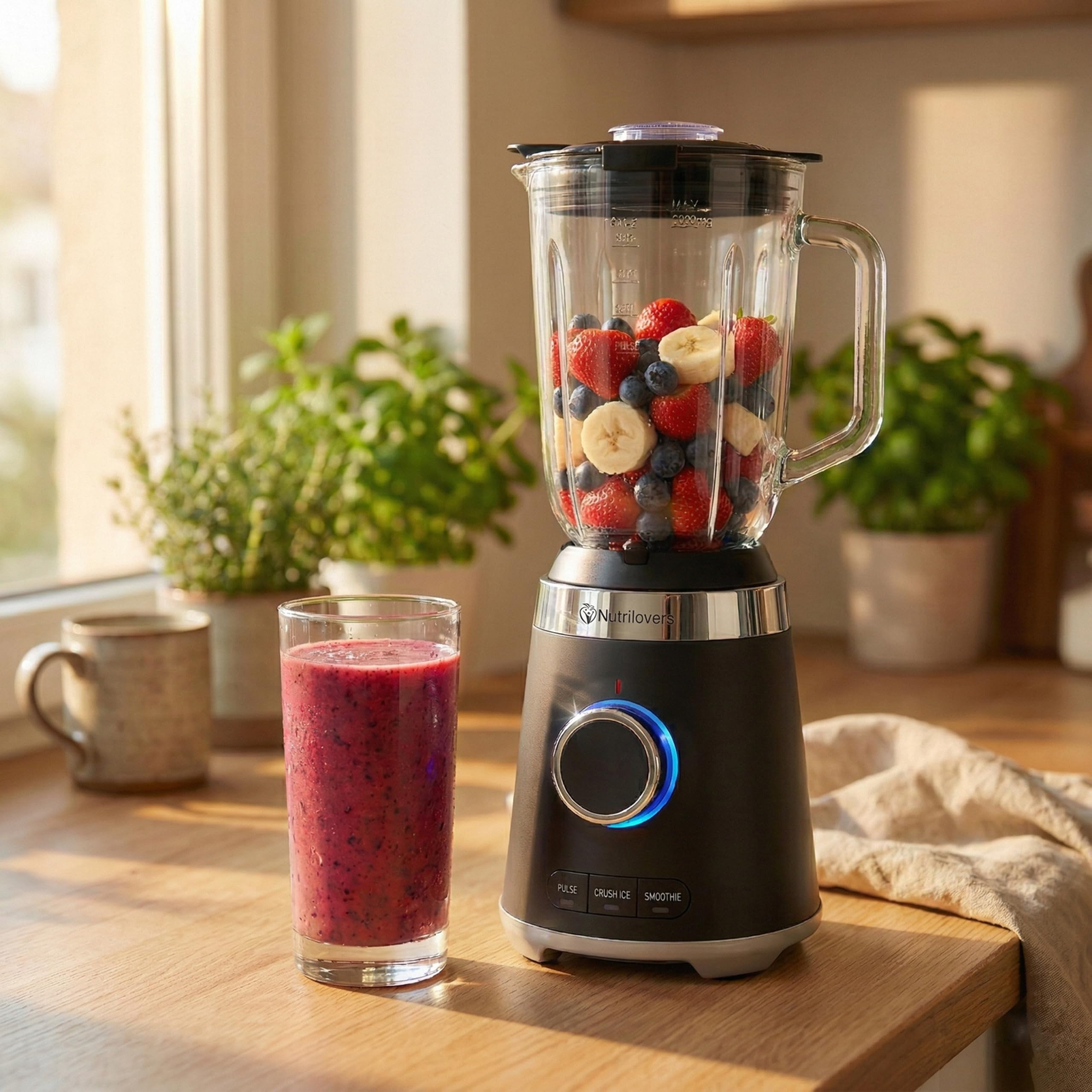 NUTRI-BLENDER GLAS mikser stojący o wysokiej wydajności, 1300 W, mikser do smoothie, profesjonalny blender, szklany pojemnik 1,75 l, obudowa ze stali nierdzewnej, 4 ostrza, nie zawiera BPA, cichy