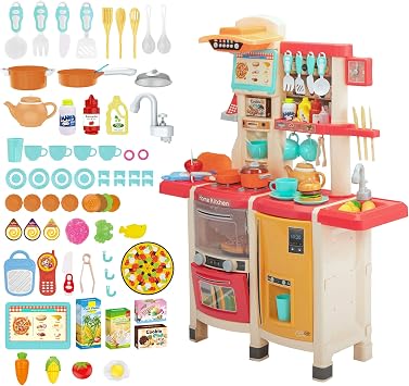 Kids Kitchen Playset,65Pcs Play Kitchen Sets for Kids Ages 4-8, Large Play Kitchen for Toddlers 3-5, Kitchen Toys with Running Water, Plastic Pretend Kitchen for Girl & Boy, Pink