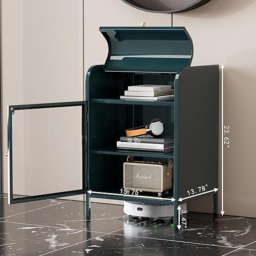 Miniatura 3 de Mesas auxiliares modernas de metal, mesas auxiliares con puerta de cristal, mesitas de noche de 2 niveles con estantes de almacenamiento, mesa de