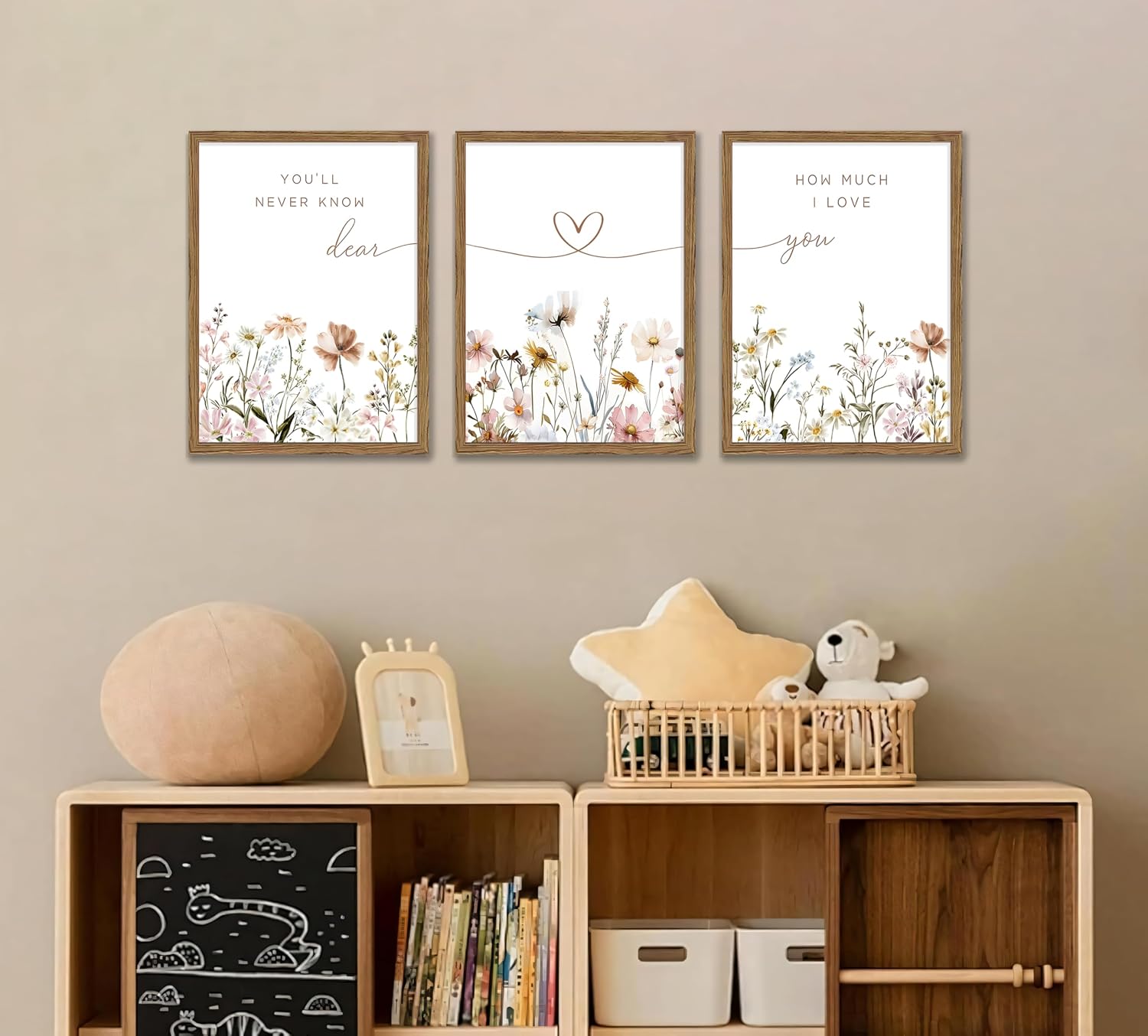 3Pcs Framed Boho Nursery Wall Art Flower Botanical Sentence Painting Picture Wall Decor Wildflower Children's Room Poster Print Artwork for Nursery Baby Room Living Room Bedroom 12x16in