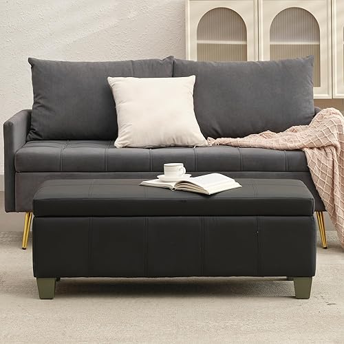Miniatura 8 de Otomana de piel sintética negra con almacenamiento, banco rectangular extra largo de almacenamiento para dormitorio y sala de estar Negro
