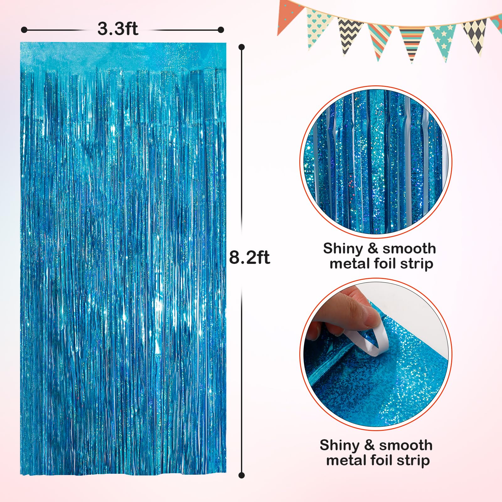 Lake Blue Metallic Tinsel Foil Fringe Curtains, 2 Pack 3.3x8.3 Feet Party Streamer for Birthday Party Decorations, Halloween Decor, Foil Curtain Backdrop for Bachelorette Party