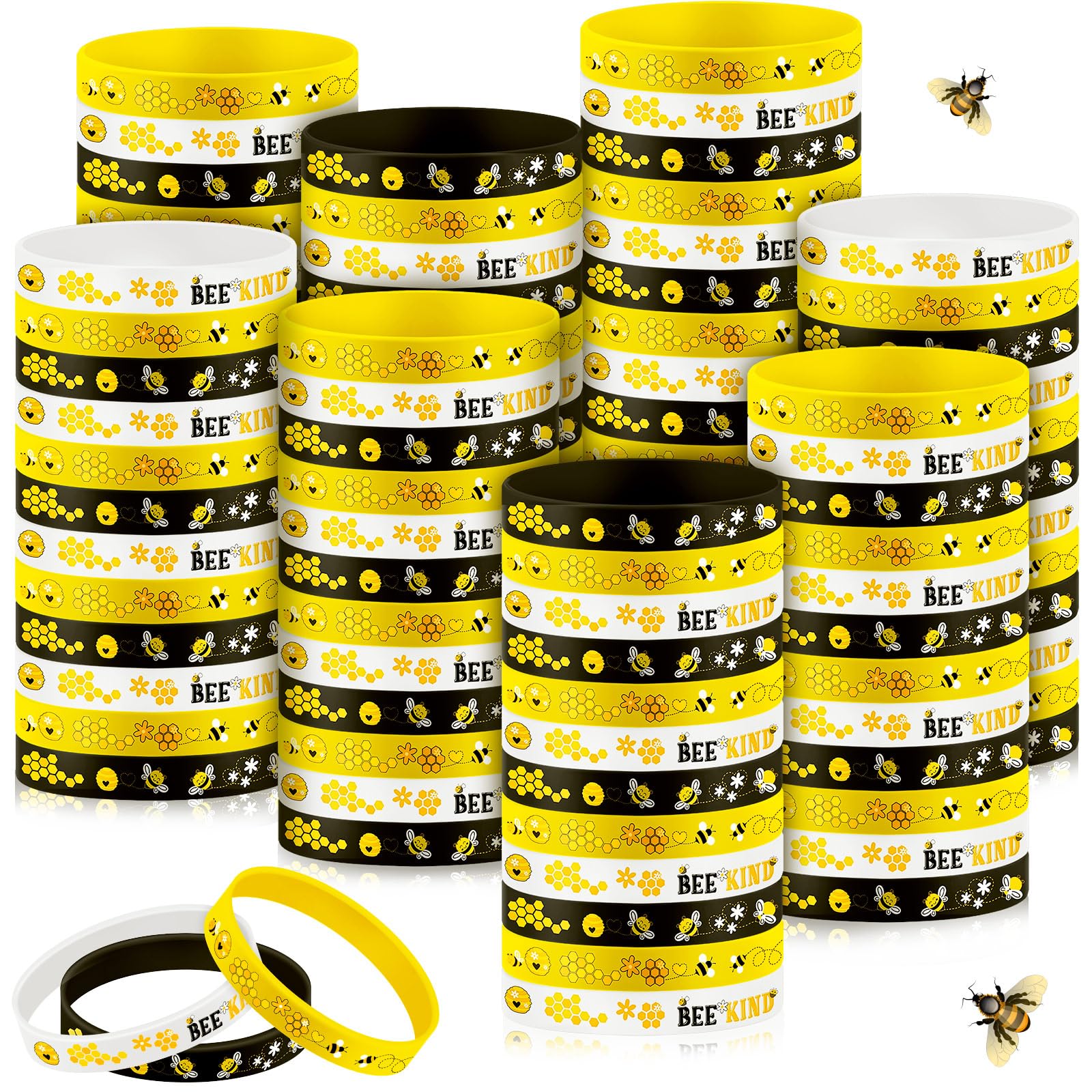 Poen 120 Pcs Bee Silicone Bracelets Bulk Assorted Color Honeybee Rubber Wristband for Summer Bee Theme Party Favors(Cute Style)