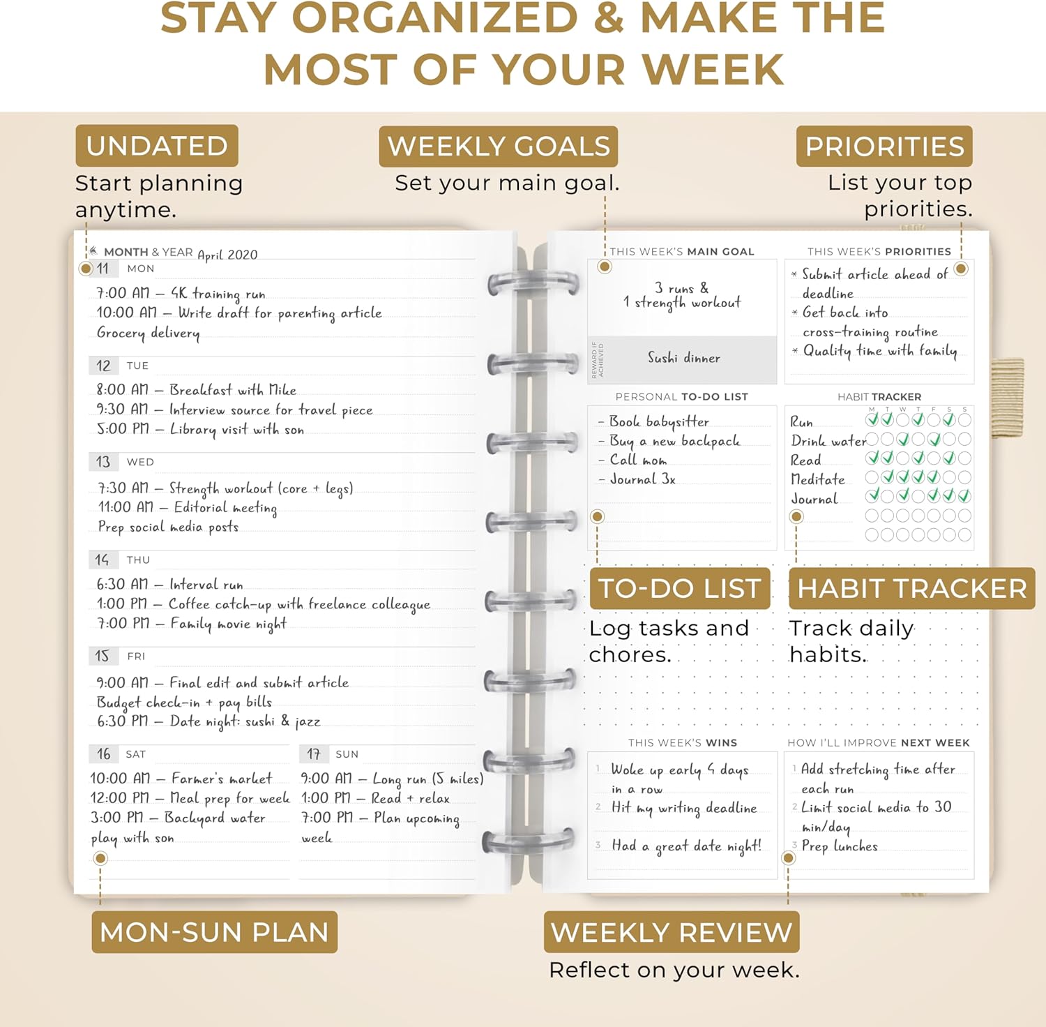 Clever Fox Disc-Bound Weekly Planner – Undated Monthly Notebook with Habit Tracker, Productivity Journal – Life, Work & Goal Organizer, 6.5 x 8.4" (Seashell)