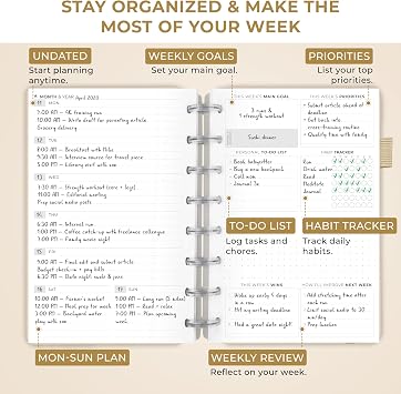 Clever Fox Disc-Bound Weekly Planner Undated Monthly Notebook with Habit Tracker, Productivity Journal Life, Work & Goal Organizer, 6.5 x 8.4 (Seashell)