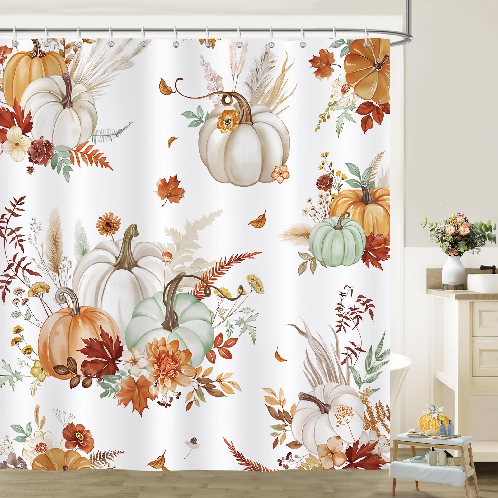 Bonhause Fall Pumpkin Shower Curtain, Orange Green Pumpkins Maple Leaves Autumn Bathroom Decor 72 x 72 Inch Polyester Fabric Waterproof Bath Curtain