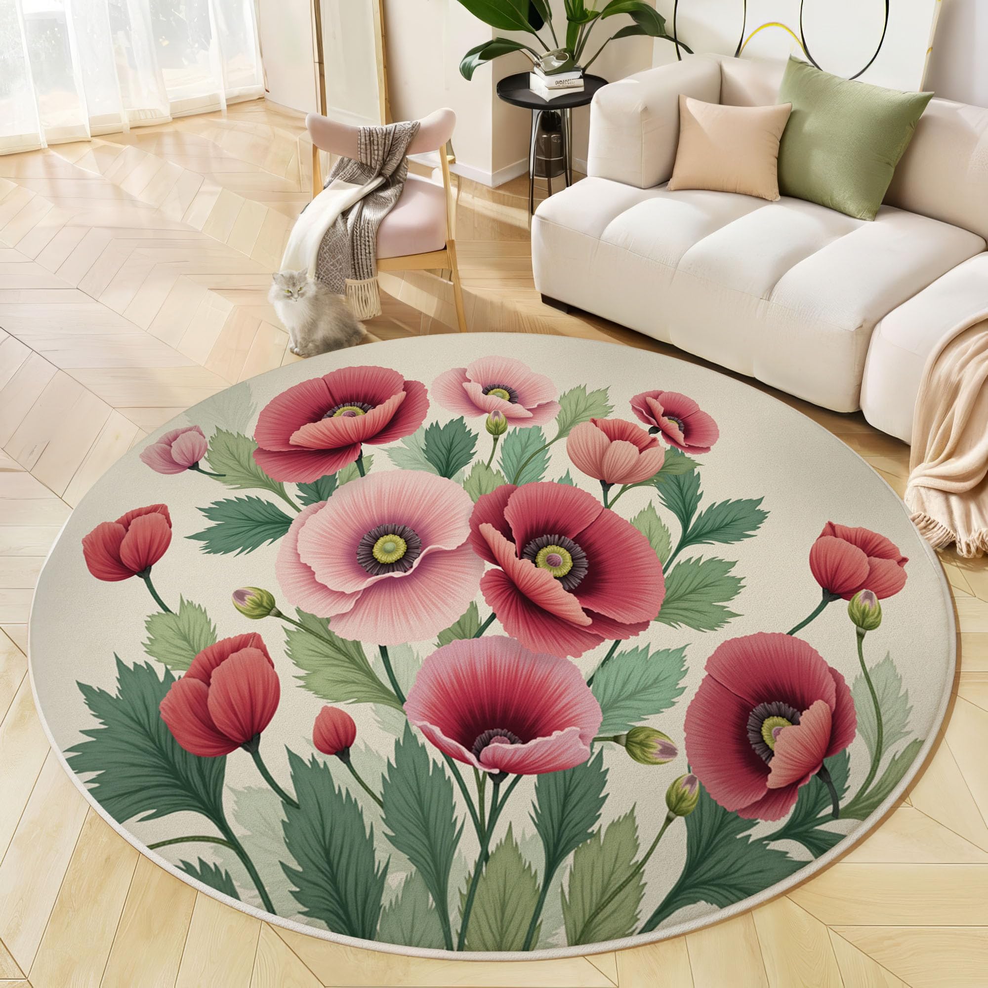 Tapis rond 180 cm coquelicot vintage beige lavable en machine pour le salon