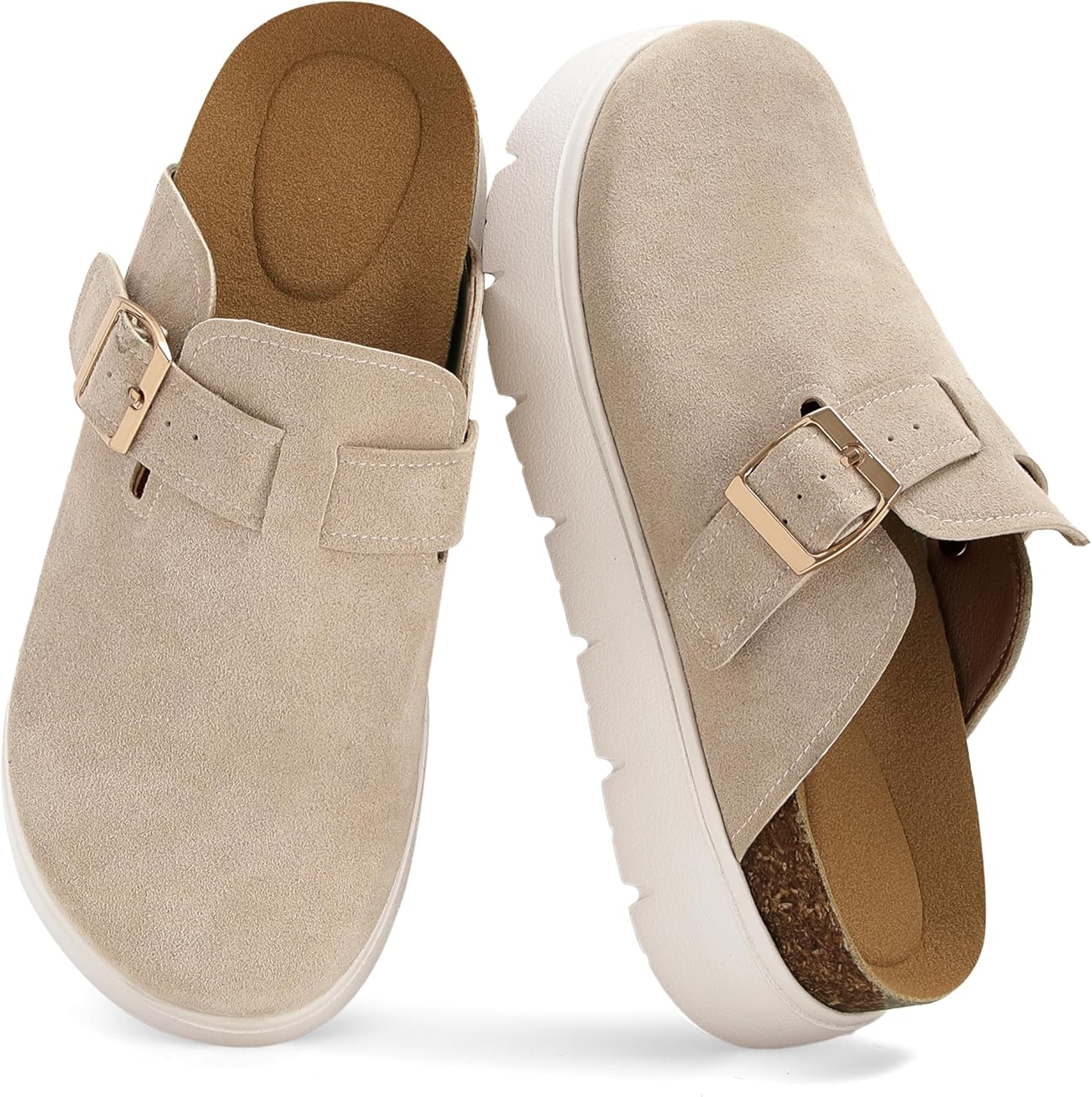 Gengzai Platform Clogs for Women Platform Slip-On Clogs Cork Footbed Casual Shoes & Mules for Women Round Toe Comfortable Buckle Shoes