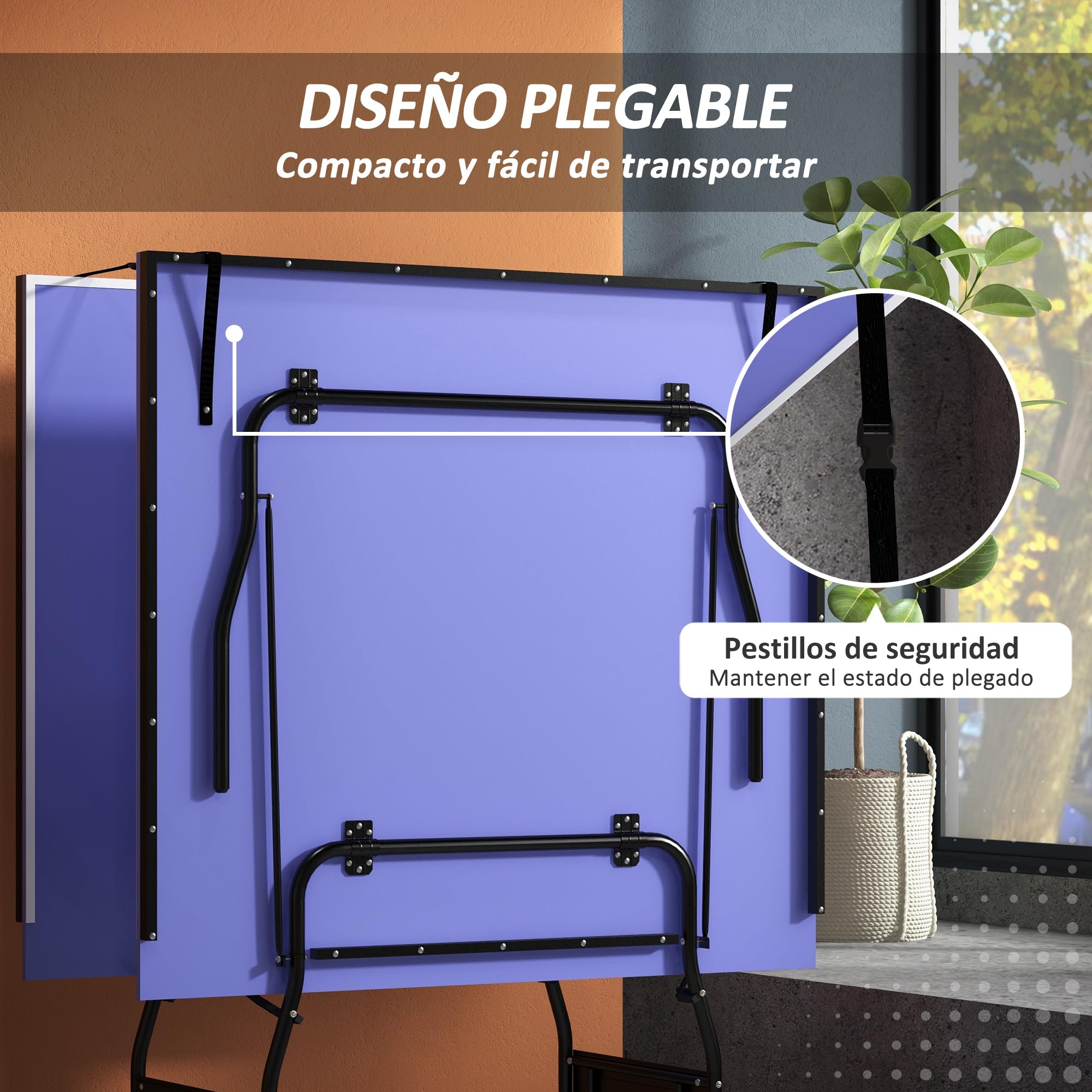 SPORTNOW Mesa de Ping-Pong Plegable Tamaño Estándar con 4 Ruedas, Red, 2 Paletas y 3 Pelotas 274x152,5x76 cm Azul