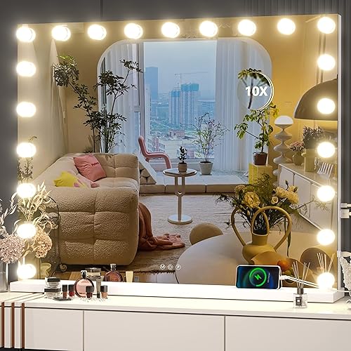 Hasipu Vanity Mirror with Lights, 40" x 29" Hollywood Mirror with 21 Dimmable Bulbs and 10X Magnification, 3 Colors Modes, Touch Control, USB Charging Port, Type-C, Tempered Glass (Square White) - White - 40"L x 29"W