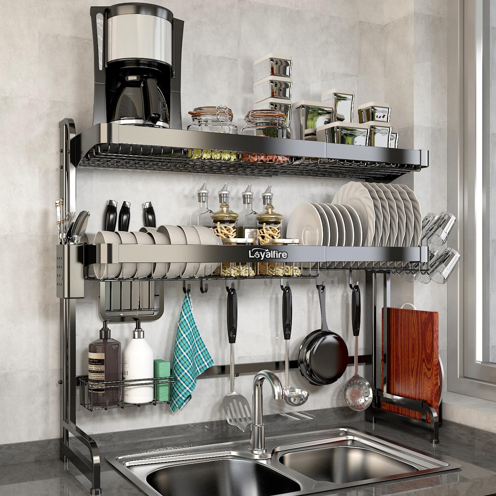 Hdrriozu Over the Sink Dish Drainer Drying Rack 3 Tier with Cover | Rust resistant built to last. Easy install simple tools. Holds all dishes glasses bowls. Space saving over sink tidy kitchen. thumbnail 12