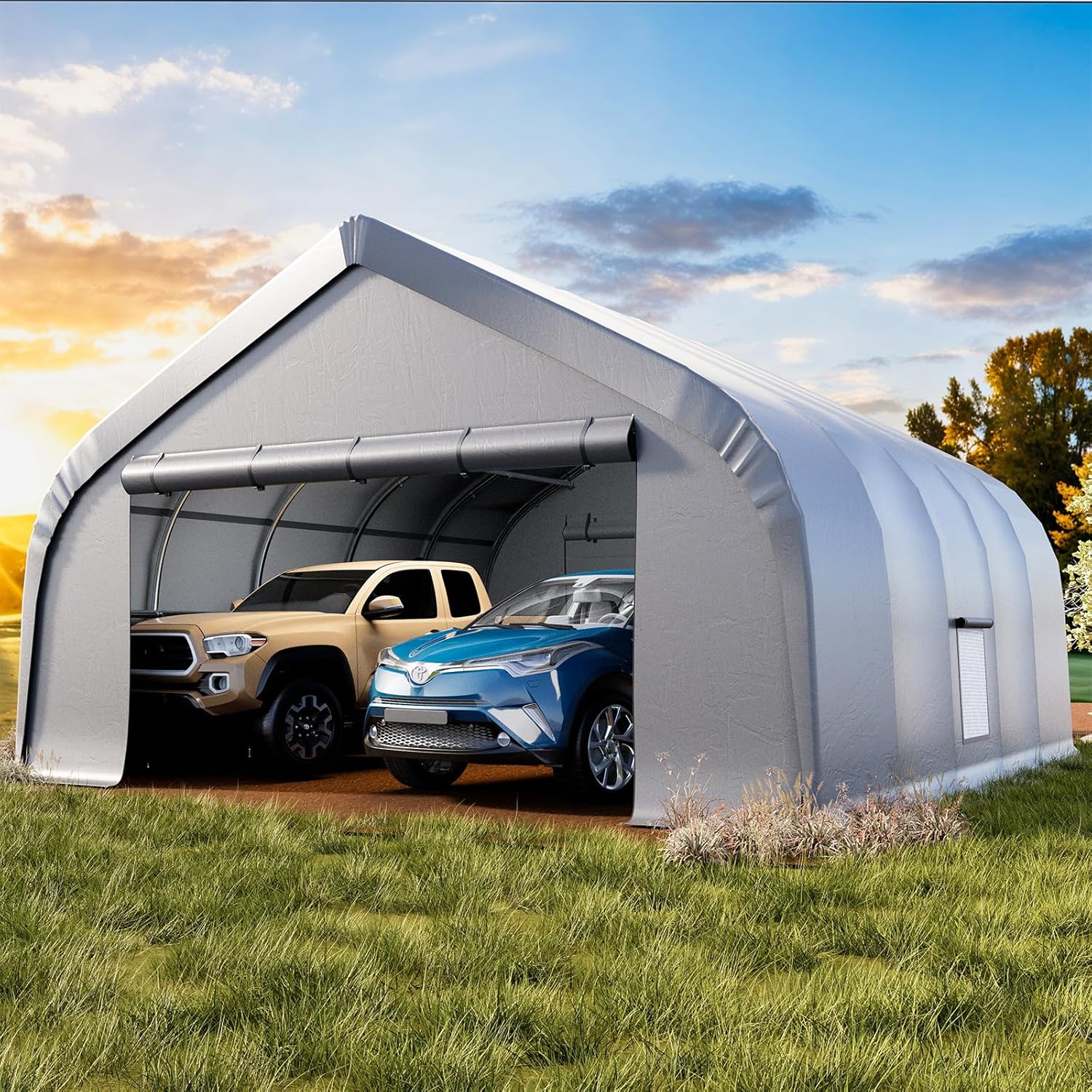 EROMMY 20x20 Reinforced Heavy-Duty Carport, Steel Tube Frame with Through-Bolt Reinforcement, Waterproof PE Car Shelter for 2 Cars, Boat, Truck & Farm Equipment