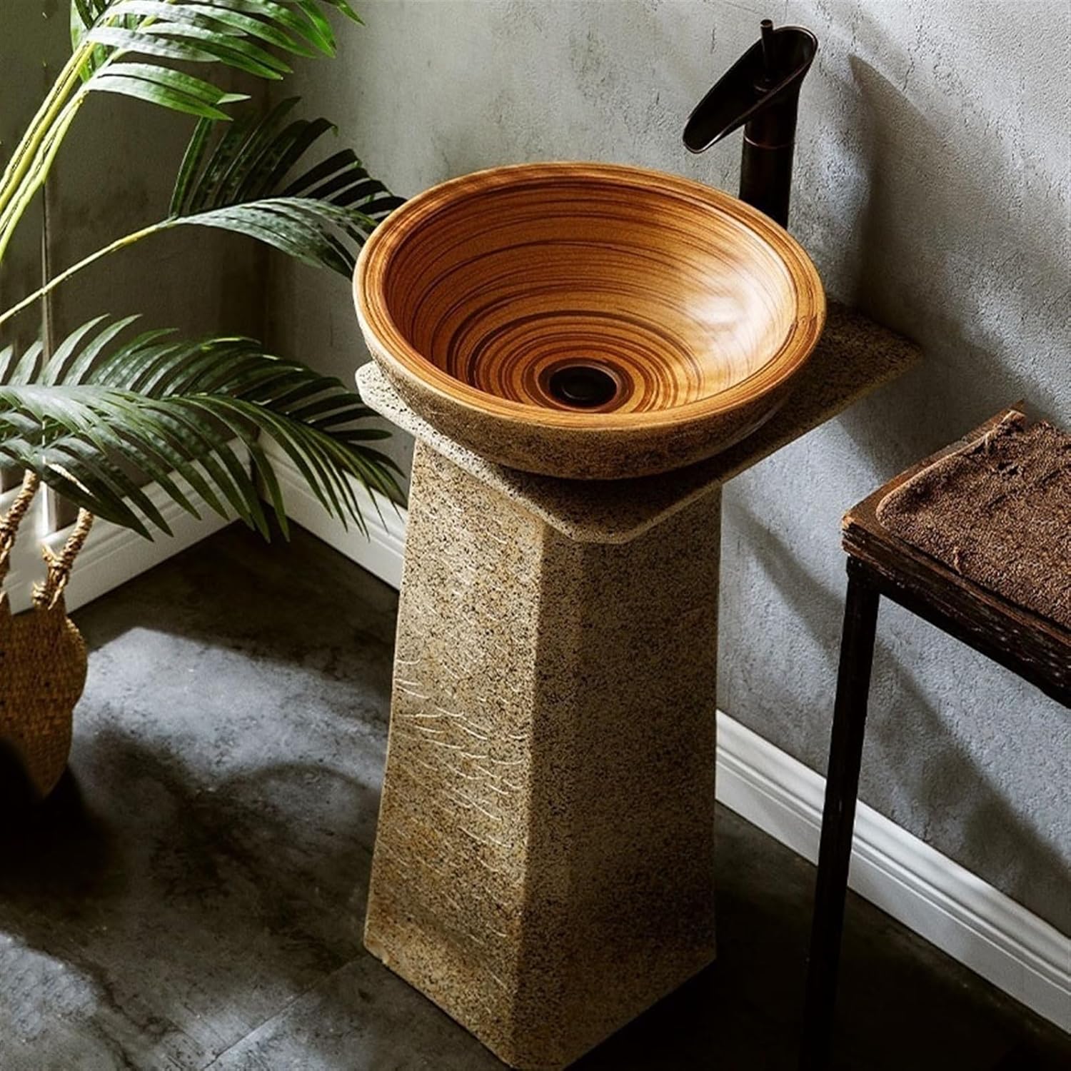 Washing table Column Washing table 3-piece retro column face washing unit, outdoor garden atrium pedestal sink, bed set ceramic container sink hand-carved washbasin for indoor and outdoor use sink (D