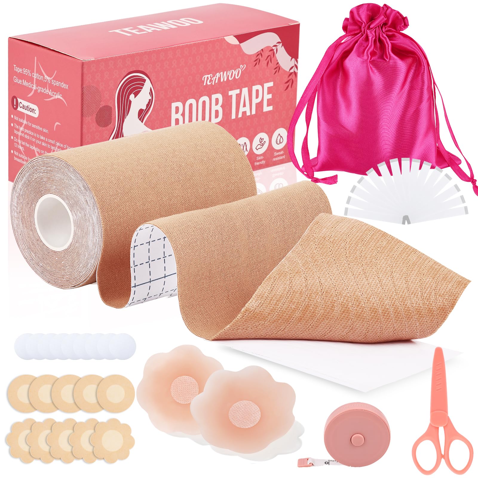 TEAWOO Boob Tape Kit, Breast Lift Tape for Large Breasts, Invisible Boobtape for A-G Cup(Beige,4 in)