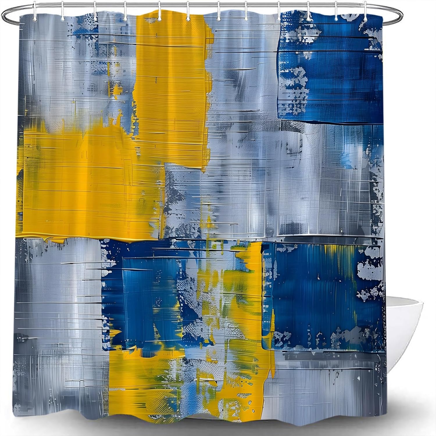 Blue Yellow Shower Curtain Abstract Art Painting Modern Geometric Grunge Style Bath Curtain with Hooks