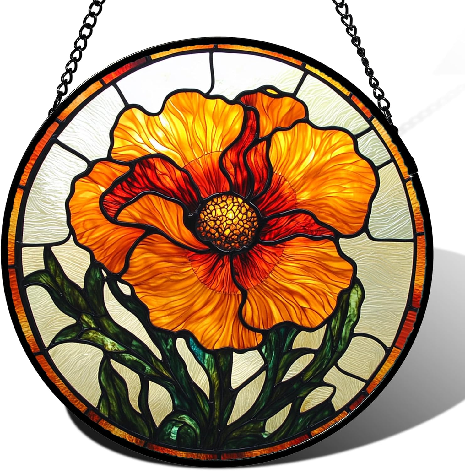 Stained Glass Window Hanging - Orange Poppy Birth Flower Suncatcher for Door Garden Yard Retro Sun Catchers Decor Christmas Mother's Day Birthday Gifts for Women Mom Nana Friend 11.8 in