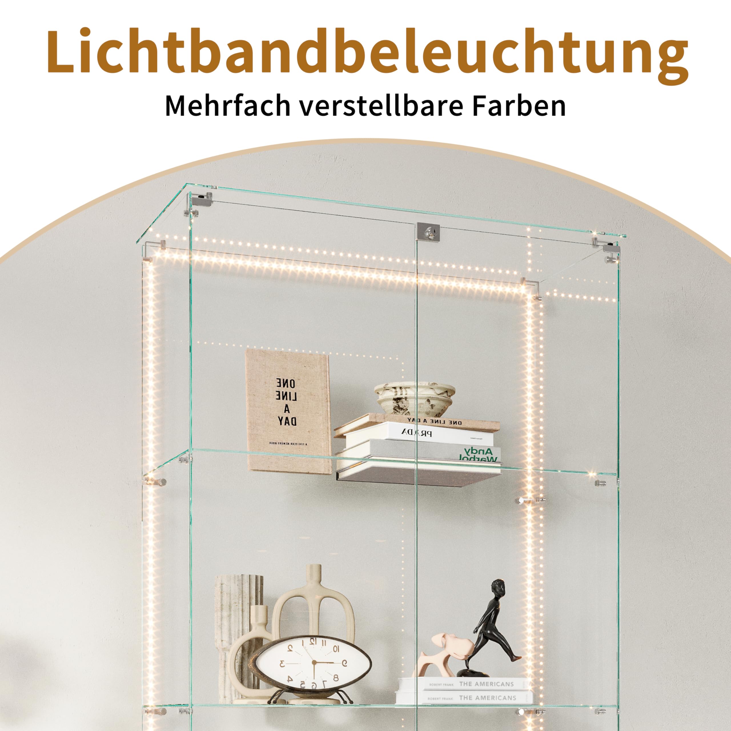 Vitrina de cristal con iluminación LED, vitrina de pie con 5 estantes de vidrio y 2 puertas de vidrio con cerradura, vitrina para salón, oficina, artículos de colección, libros, vino, color