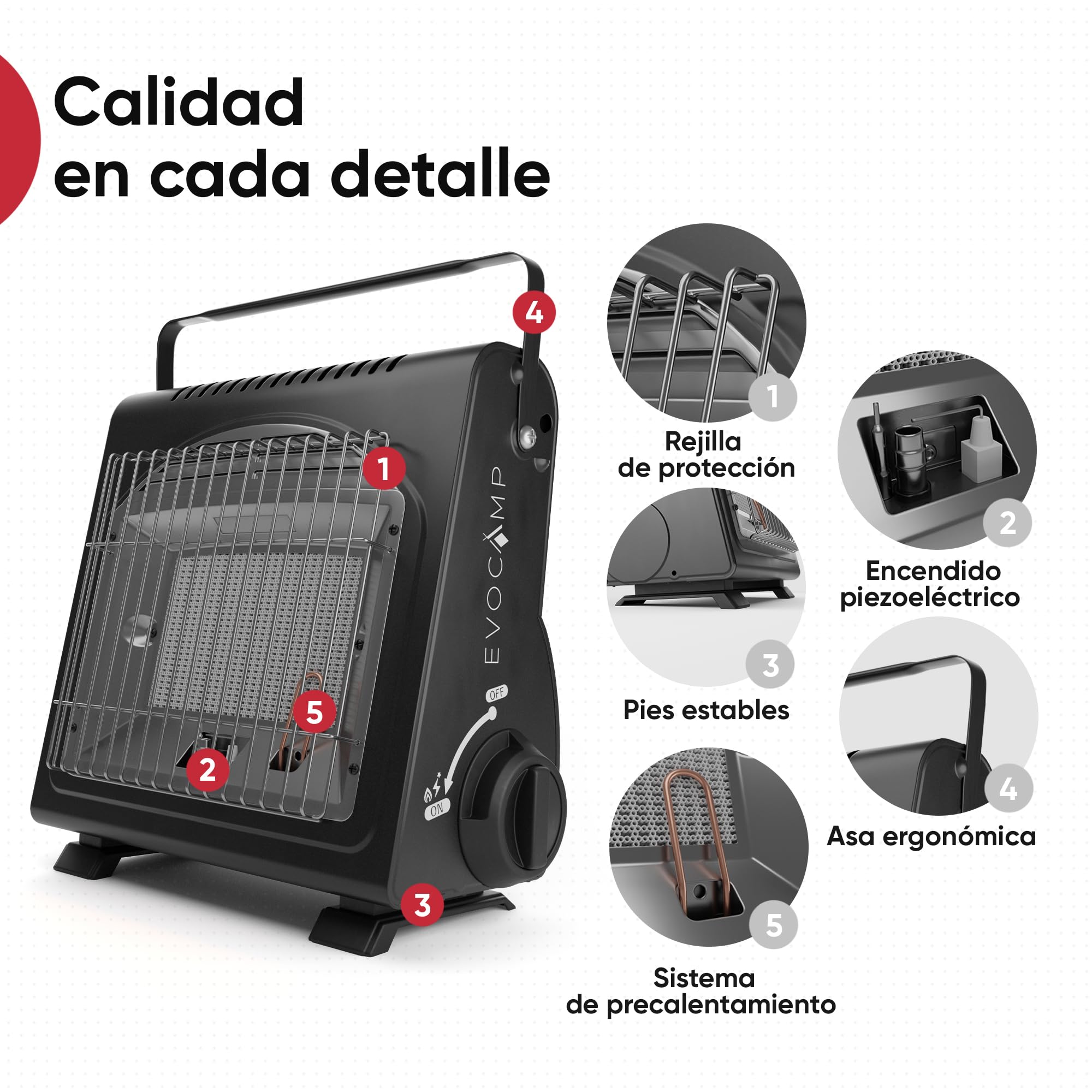 EVOCAMP mini calefactor de gas butano, calefactor portátil para camping de 1,7 kW, calefacción de gas de cerámica para uso en exteriores con sensor de agotamiento de oxígeno (ODS)