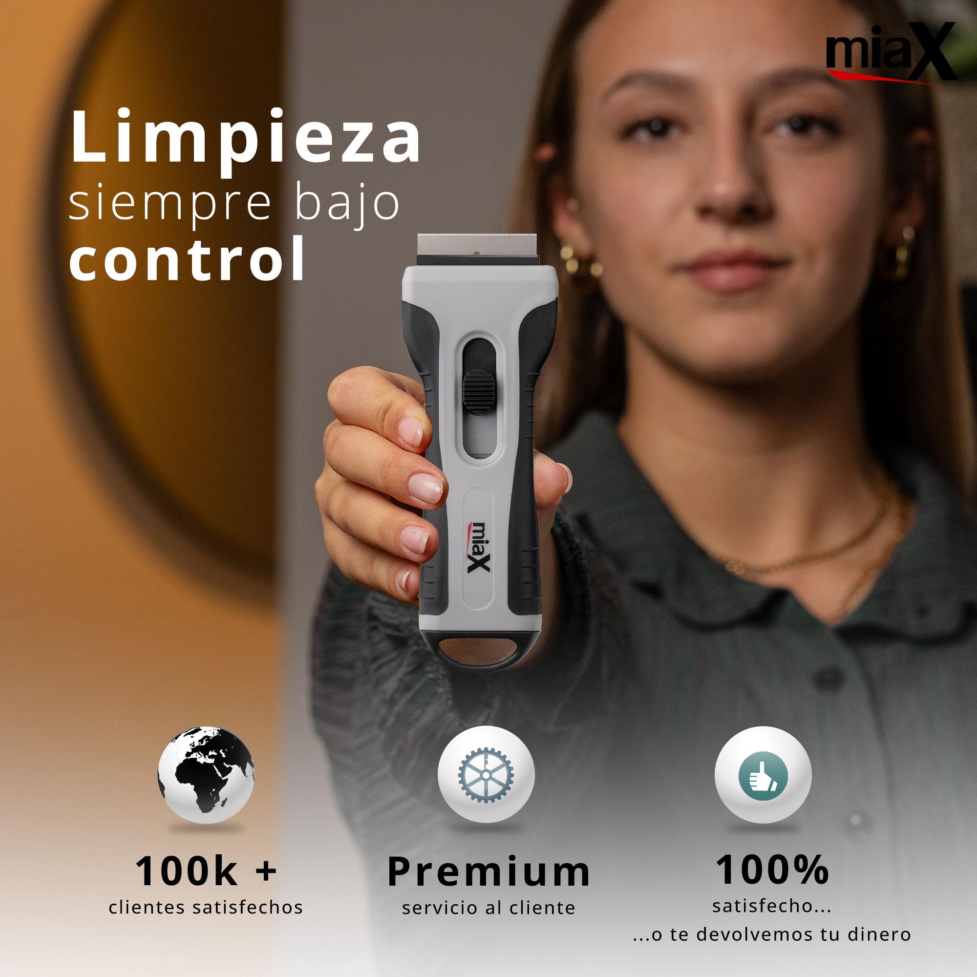 miaX Rasqueta Vitrocerámica con Compartimento y 20 Cuchillas | 15 cuchillas metálicas, 5 cuchillas plásticas, placa de inducción, horno, mango antideslizante