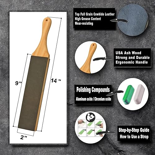 Miniatura 2 de Juego de puntillas de cuero para afilar cuchillos con compuesto de pulido, juego de doble cara para afilar cuchillos de 14 x 2 pulgadas para afilar