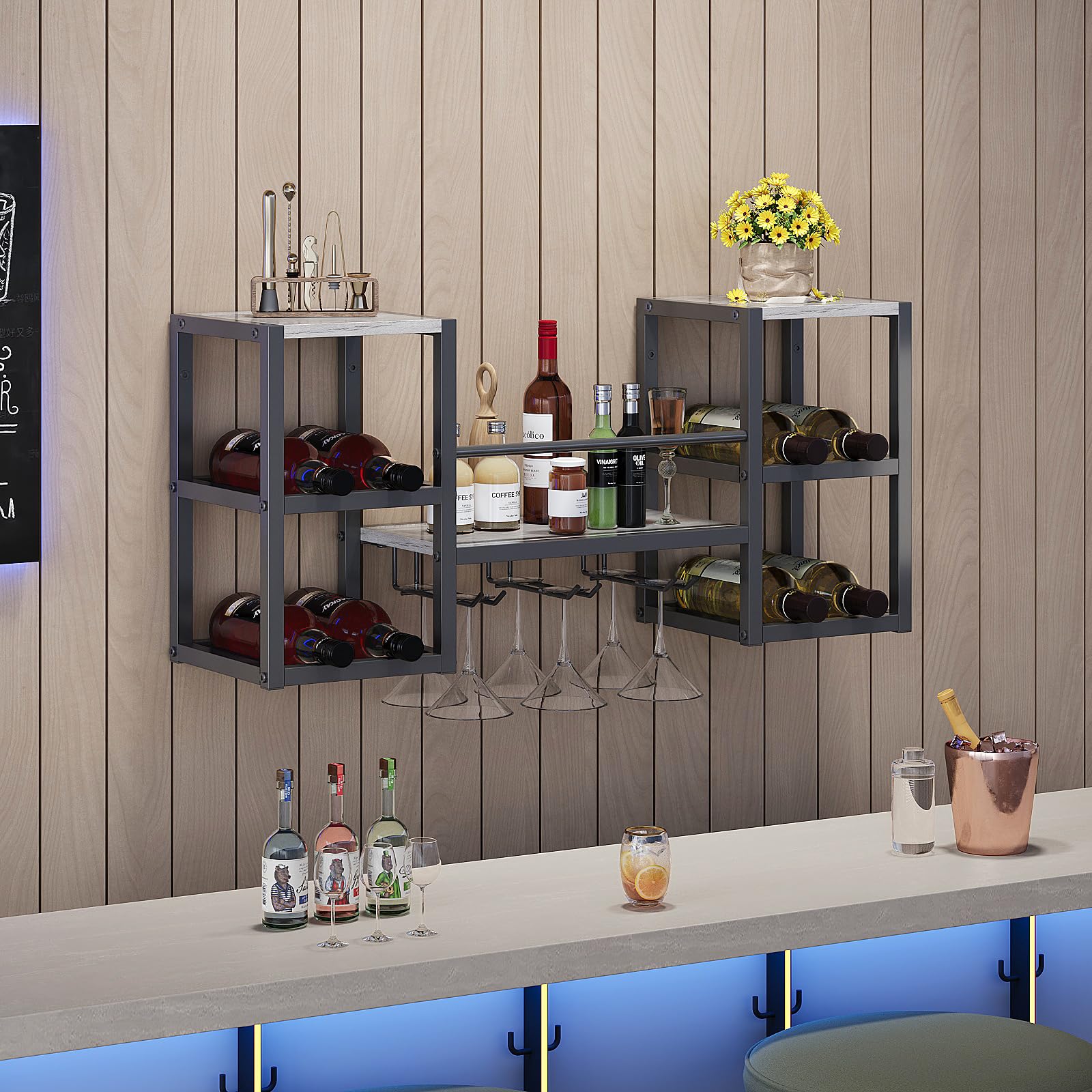 VEDECASA Portabottiglie a Parete, 3 Livelli Portabottiglie a Parete con 6 Supporti per Bicchieri, Supporto per Espositore di Vino a Parete, Portabottiglie Multifunzionale a Parete per Bar, Cucina