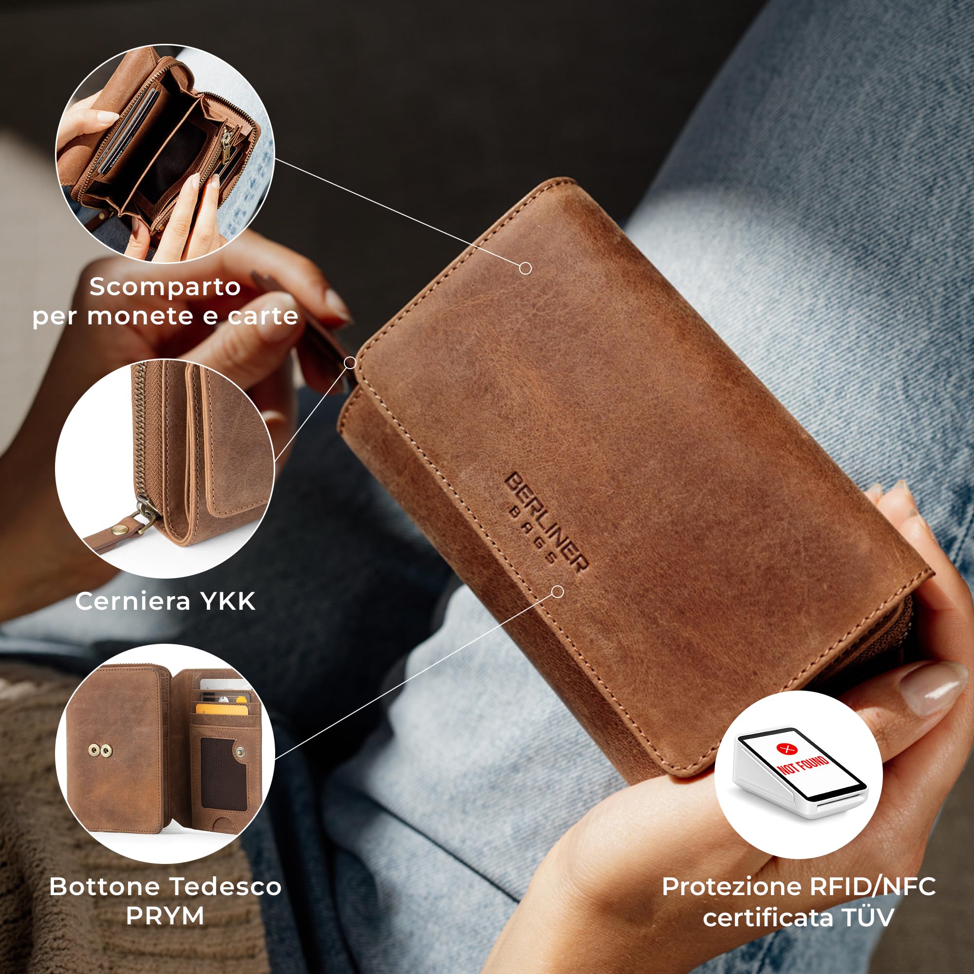 Berliner Bags Portafoglio Donna Vienna in Vera Pelle, Grande con Zip e Portamonete, Protezione RFID, 19 Carte – Marrone