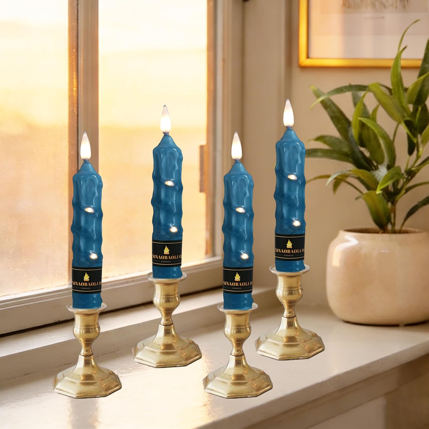 6.5 inch Haze Blue Flameless Candle with String Light Window Candles with Remote Timer Battery Operated Taper Candle LED Taper Candles Set of 4