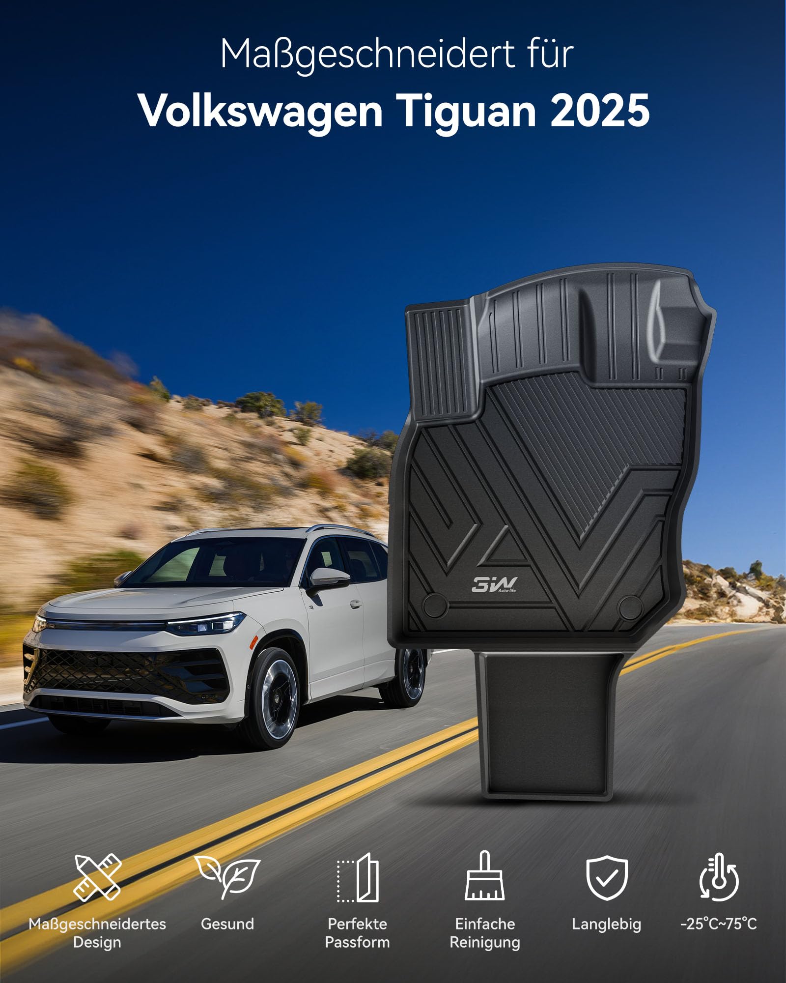 3W für Volkswagen Tiguan 3 2025-2026 TPE Thorex™ Fußmatten, Nicht für PHEV | Nur passend für OHNE Soundsystem/Verstärker | 3D Maßgeschneiderte Passform | Hundefreundlich VW Auto Zubehör | Antirutsch