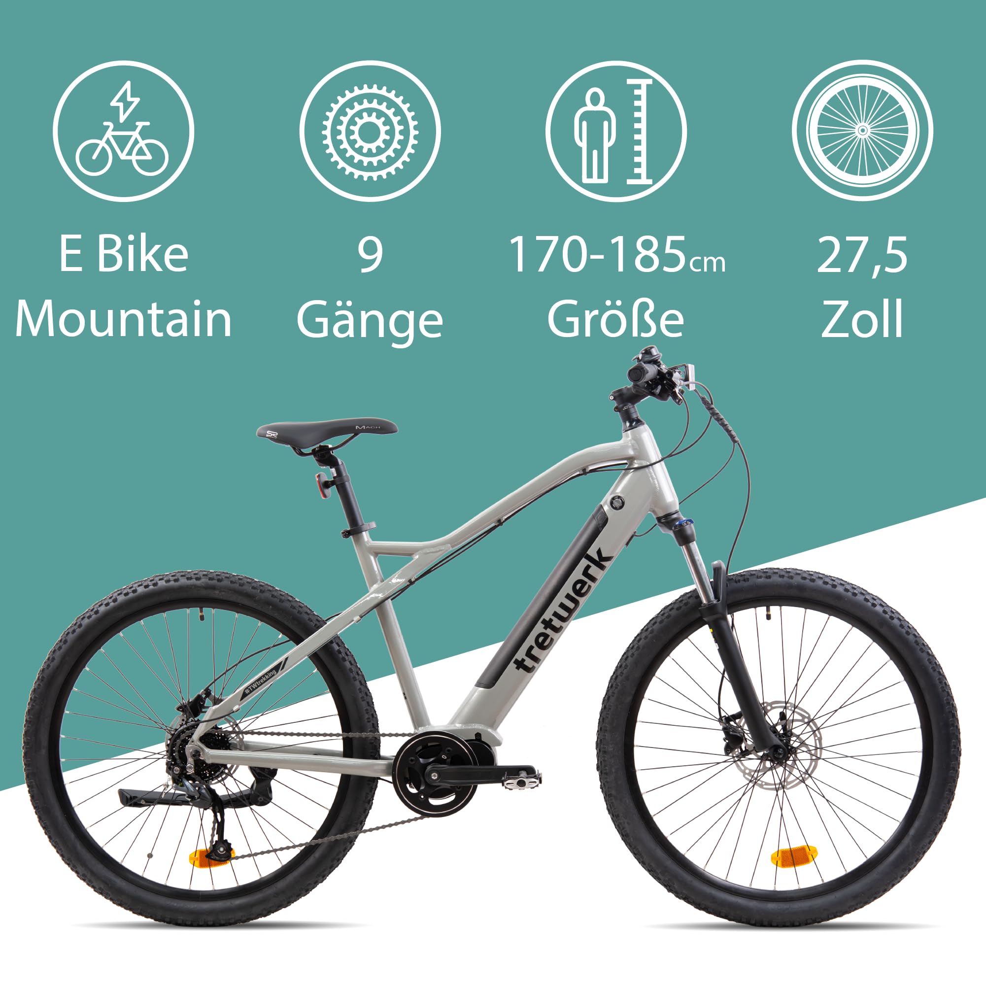 TRETWERK - 27,5 Zoll E-Bike Mountainbike - Commander - Pedelec Mountainbike mit 9 Gang Shimano Kettenschaltung - Elektrofahrrad MTB Hardtail mit Hecknabenmotor 250W, 36V