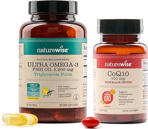 NatureWise 1 Aceite de pescado Ultra Omega 3 2200 mg Forma TG 60 cápsulas blandas suministro de 30 días + 1 CoQ10 100mg + pimienta negra, alta