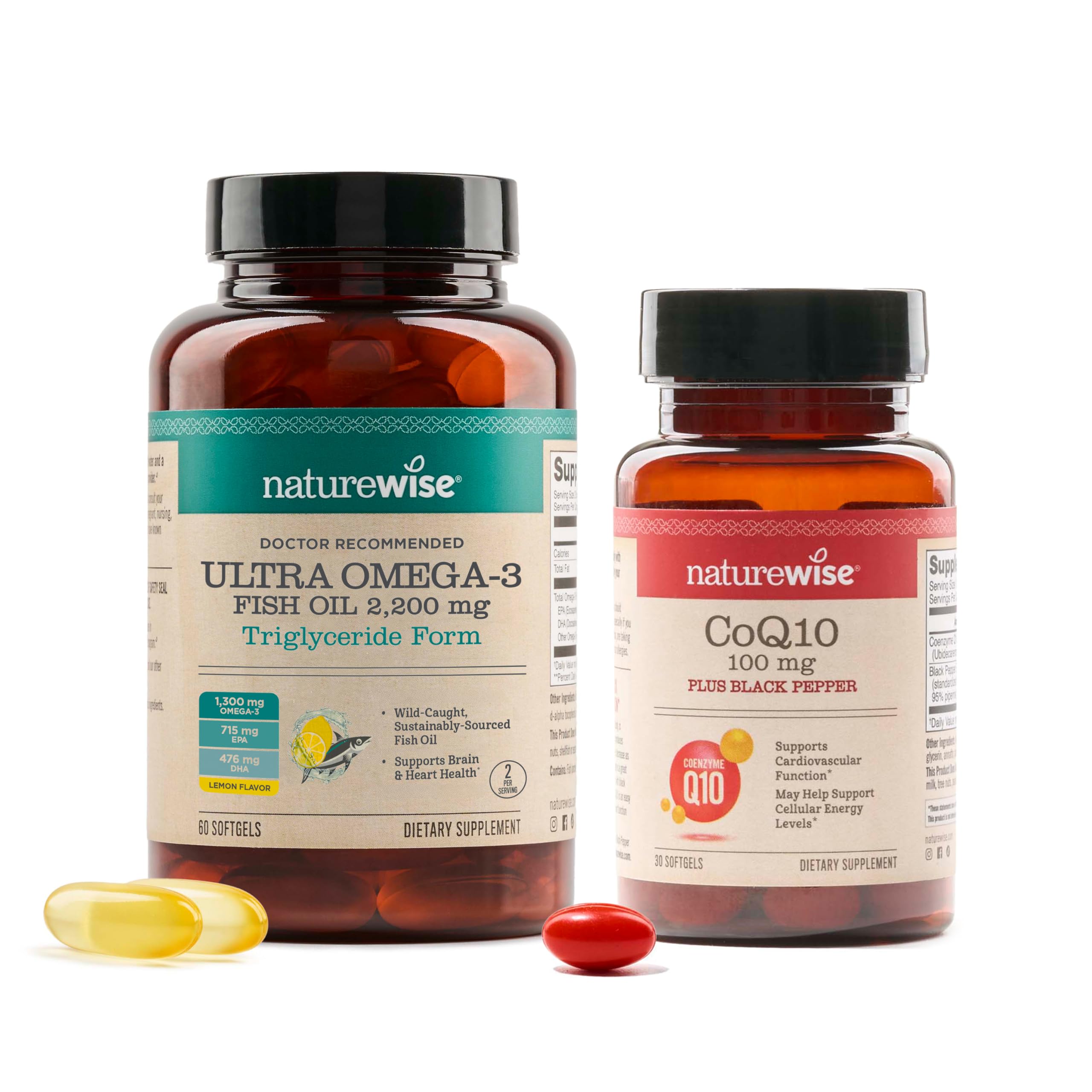 NatureWise [1] Ultra Omega 3 Fish Oil 2200 mg - TG Form - 60 Softgels[30-Day Supply] + [1] CoQ10 100mg + Black Pepper, High Absorption - 30 Softgels[30-Day Supp