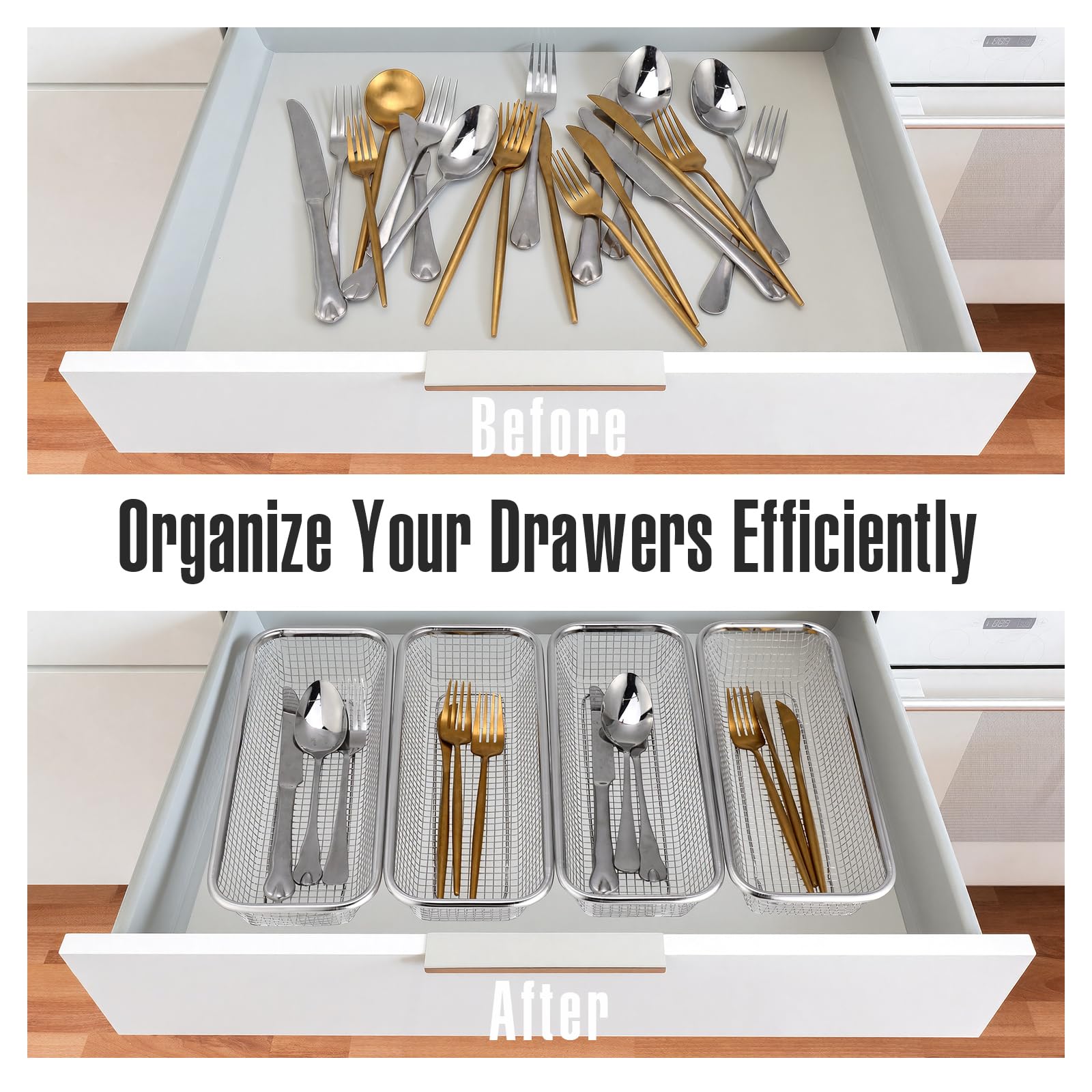 Paquete de 12 cestas de cubiertos de acero inoxidable de 12.1 x 4.9 x 2.2 pulgadas, organizador de cajones de cubiertos de cocina, apilable, cesta rectangular para utensilios para cuchillos