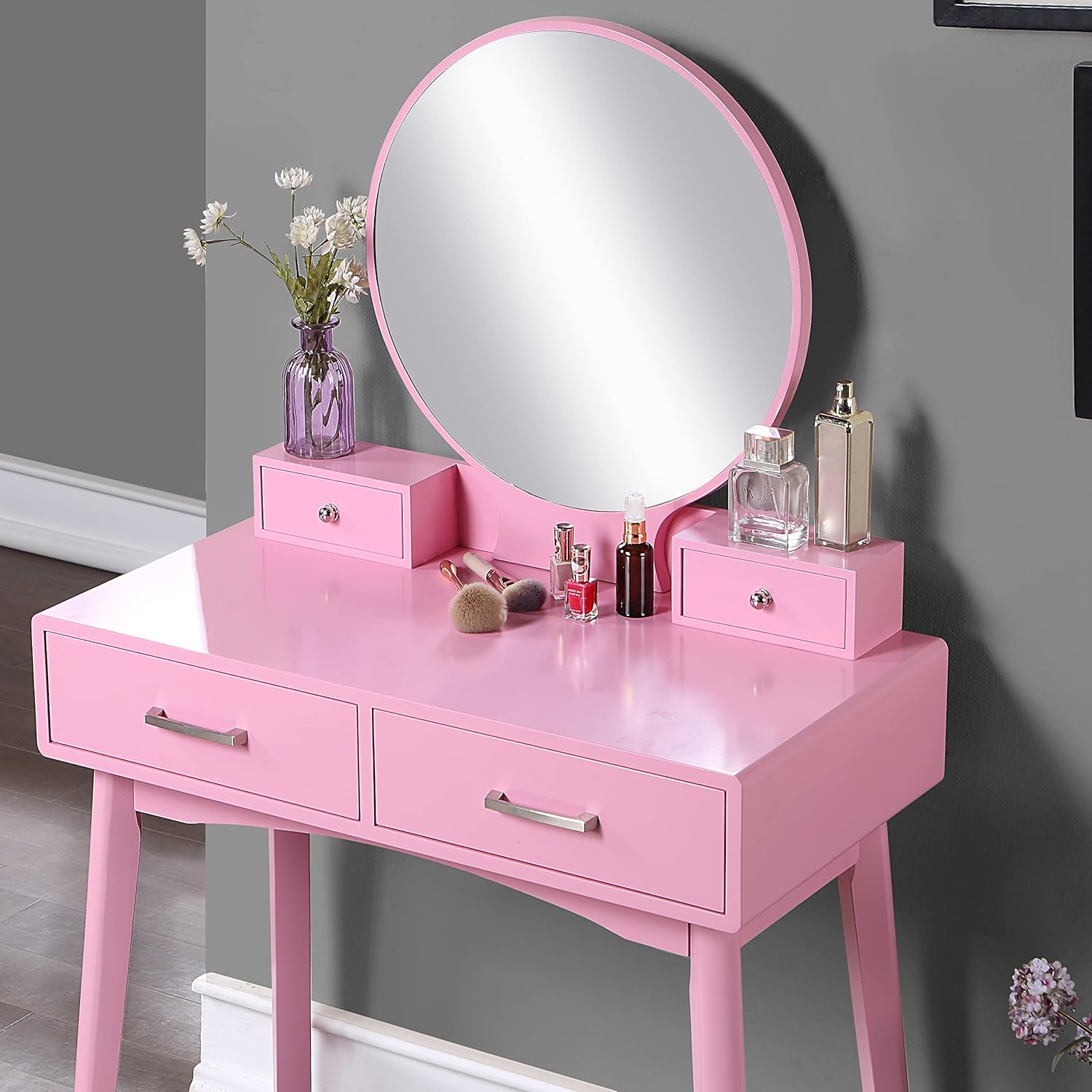 Luna Beauty Makeup Vanity Set with Large Round Mirror & Thick Cushioned Stool, Pink