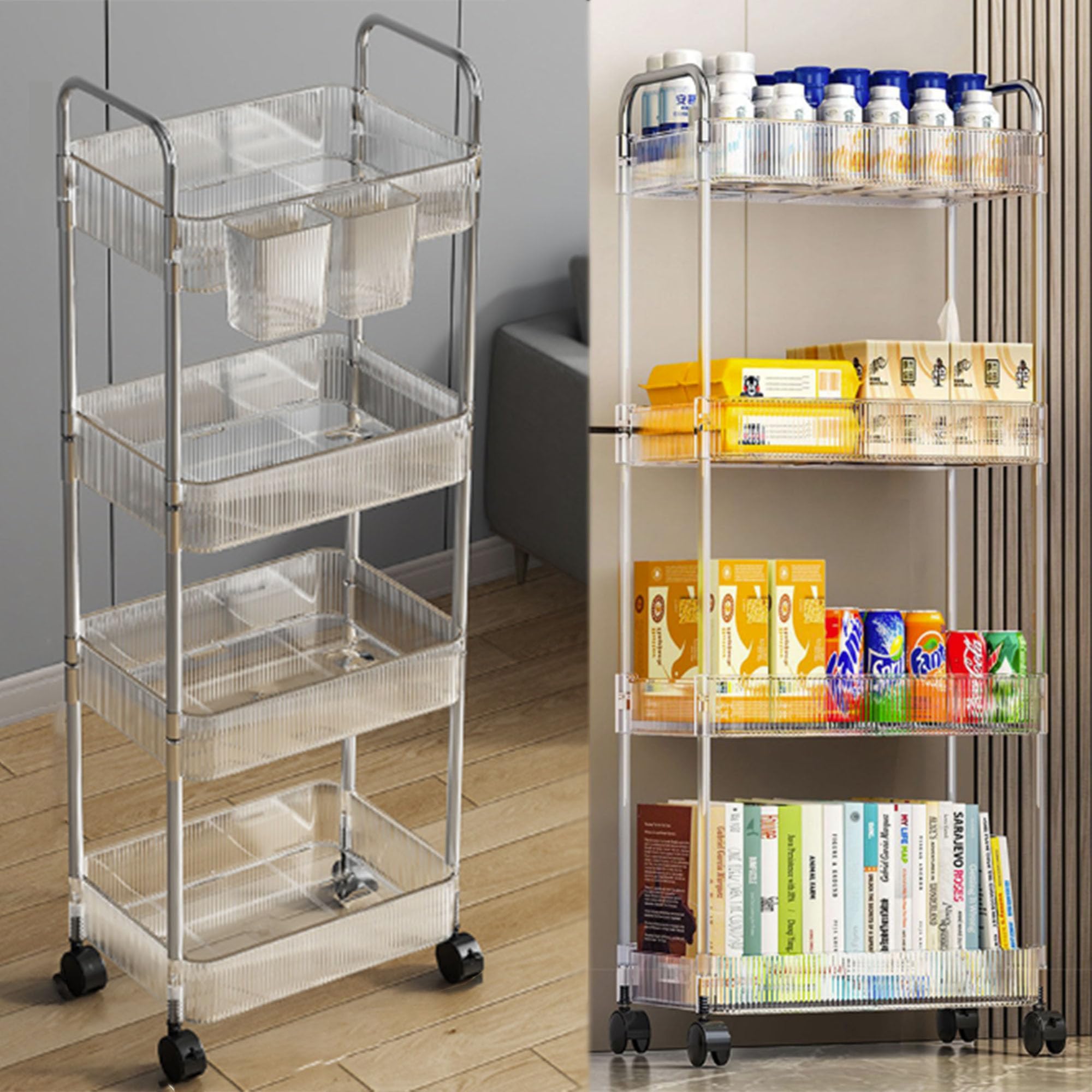 Carrello Portaoggetti a 4 Livelli, Carrello Con Ruote, Carrellino Piccoli Spazi, 90*31*20 cm, Carrello Con Ruote, Carrello Da Cucina Salvaspazio In Bagno Ufficio (Trasparente)