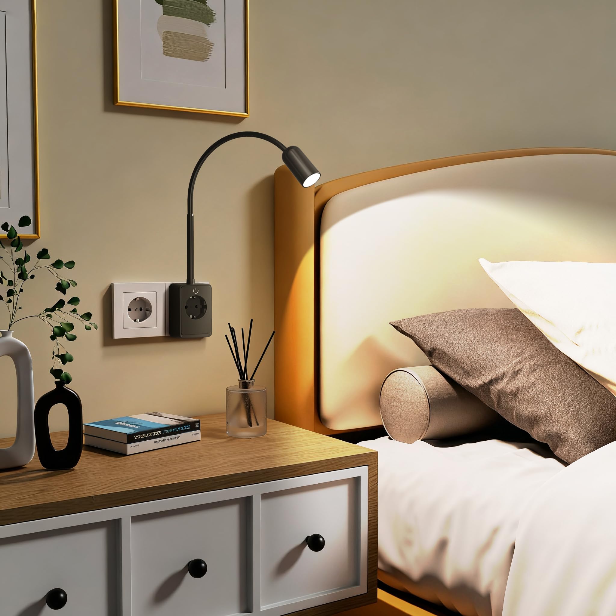 ENUOTEK Lampara de Lectura Aplique LED Interior, 3W 240LM Lampara Enchufe pared Aplique Negro Mesita de Noche pared, 4 Brillo Regulable, 3 Color de Luz 4000K-3000K-5000K Lampara Lectura pared