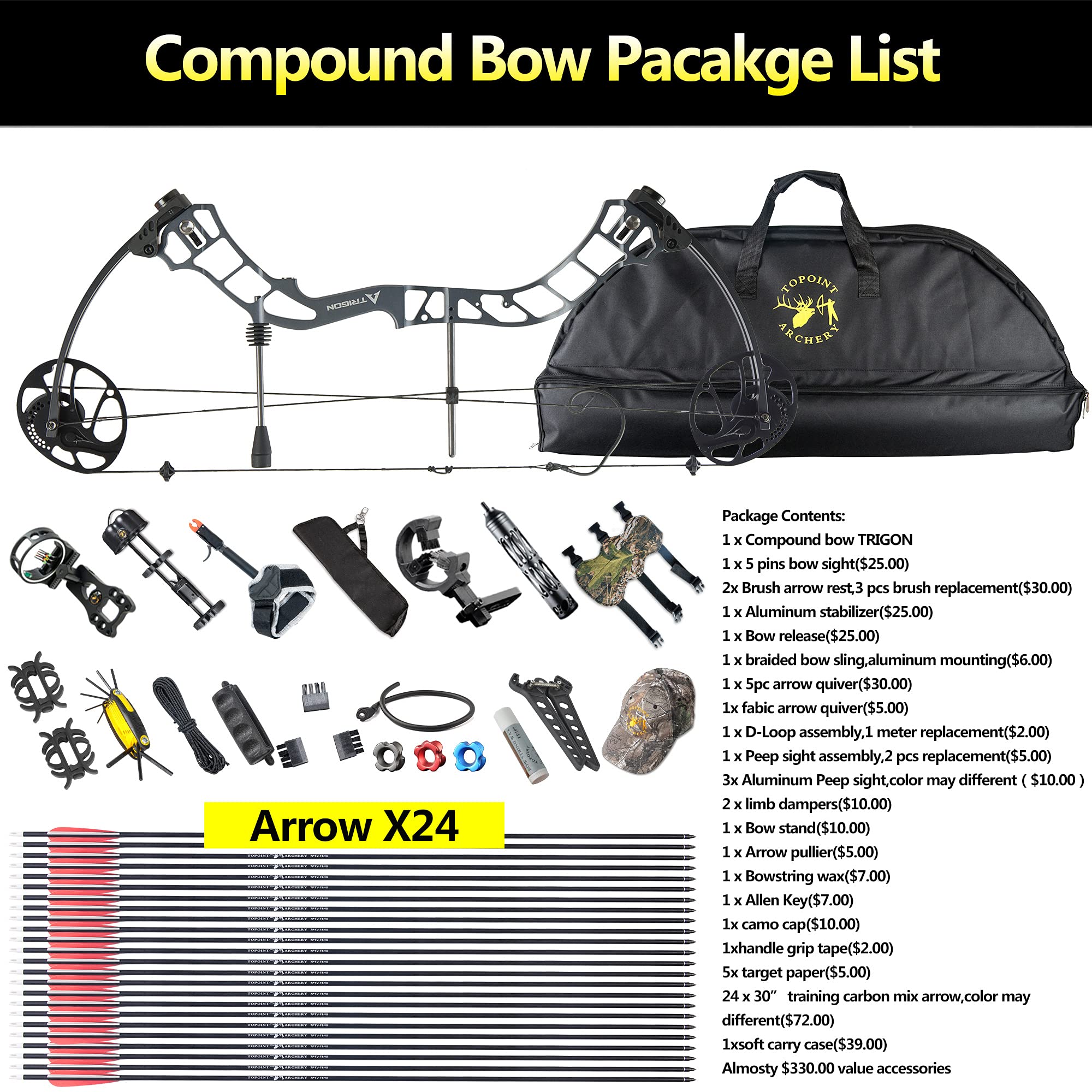 Topoint Trigon Compound Bow Full Package,CNC Milling Riser,USA Gordon