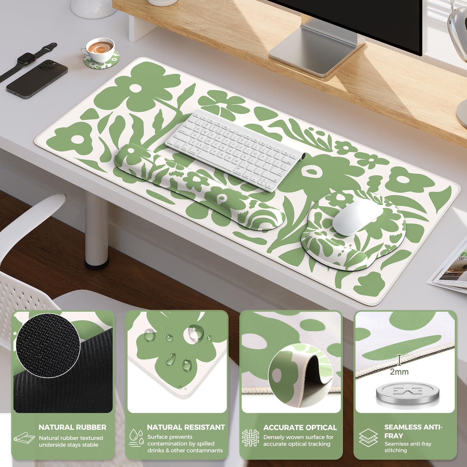 iCasso Tapis de Bureau 4 en 1 à Motif Floral avec Repose-Poignet, Tapis de Souris Ergonomique antidérapant XXL pour Ordinateur Grand Ordinateur avec Support de Poignet pour Clavier et Souris (Vert)