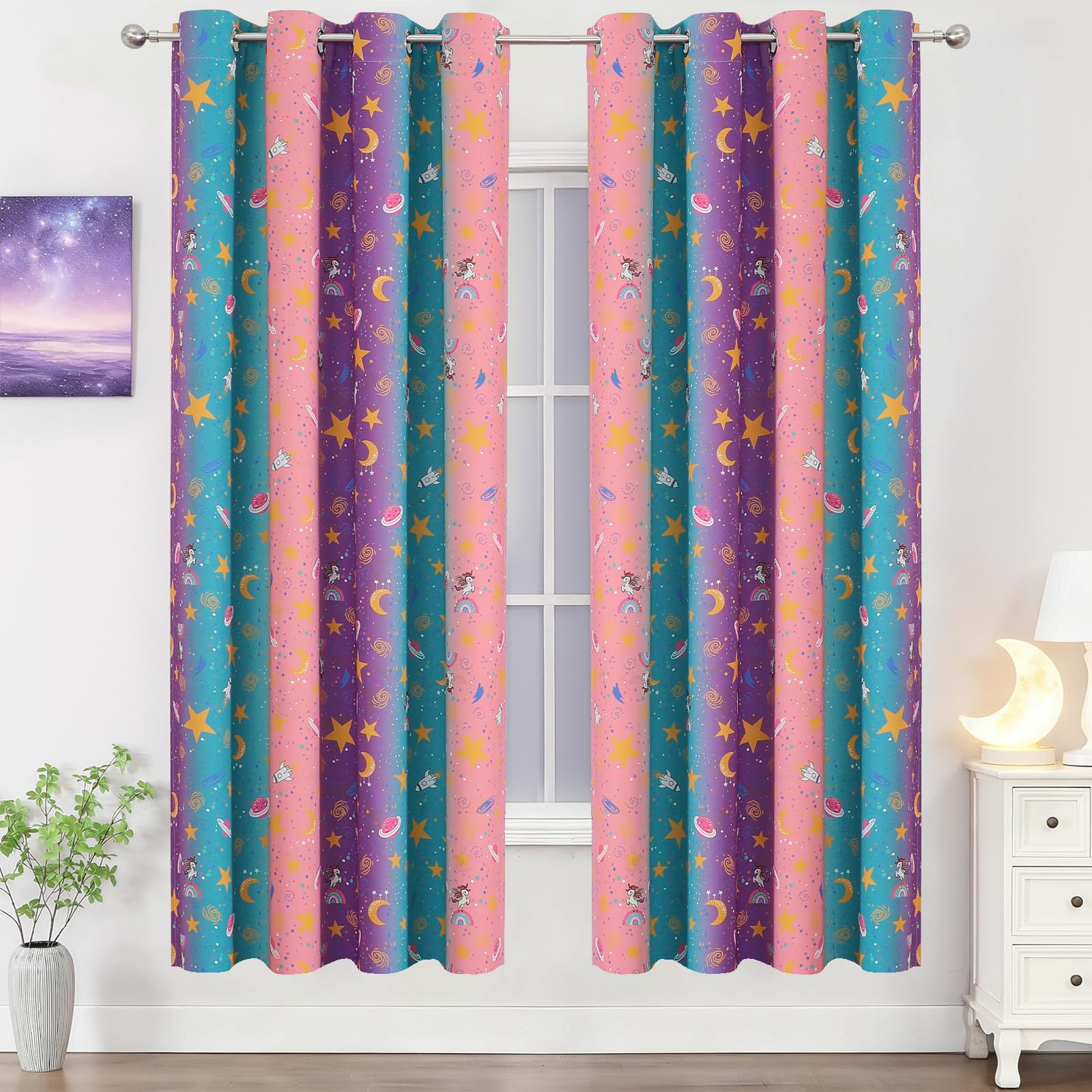 Pink Purple Teal Unicorn Blackout Curtains 72 Inch Length for Kids Bedroom