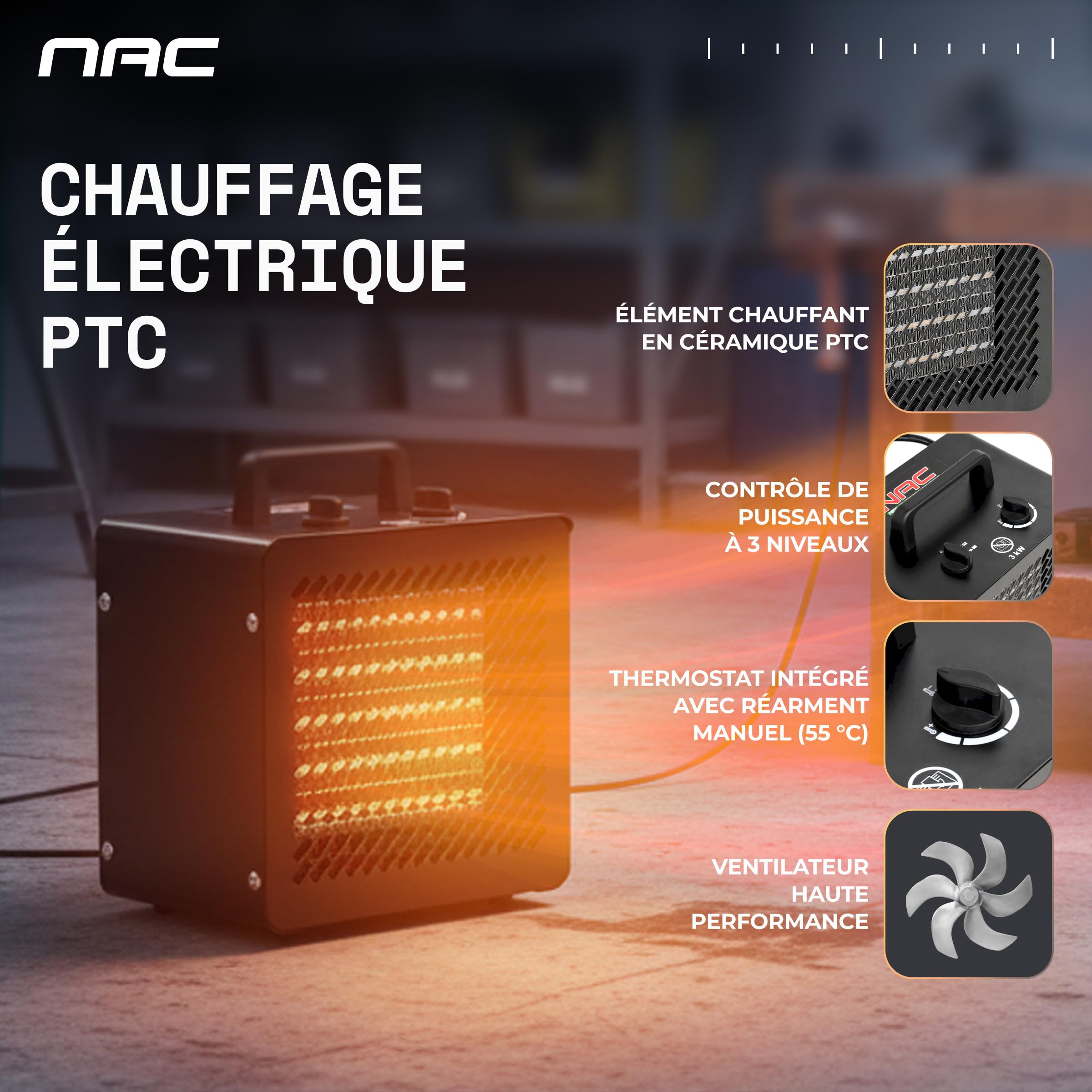 NAC Chauffage Soufflant Electrique 3000W - Radiateur Electrique Mobile avec Thermostat & 3 Niveaux de Chaleur – Chauffage Industriel Céramique pour Garage Atelier Chantier Serre - Canon Air Chaud