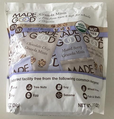 MadeGood Granola Minis Club Pack (20 unidades, 0.85 onzas cada uno) 10 bolsas de chispas de chocolate y 10 bolsas de granola de bayas mixtas vegano,