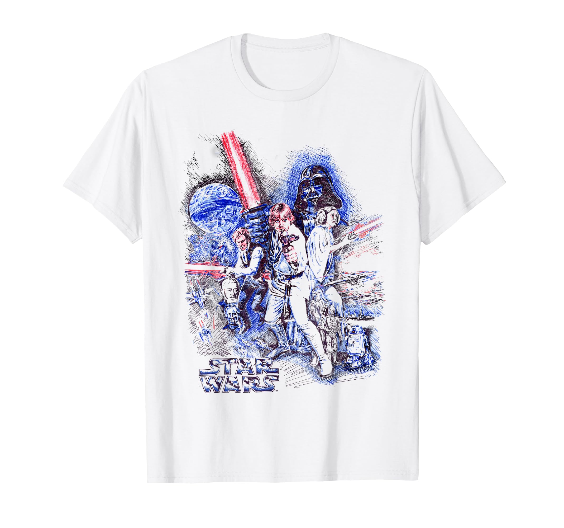 T-shirt Star Wars Drawn Group Shot graphique rétro dessin à la main