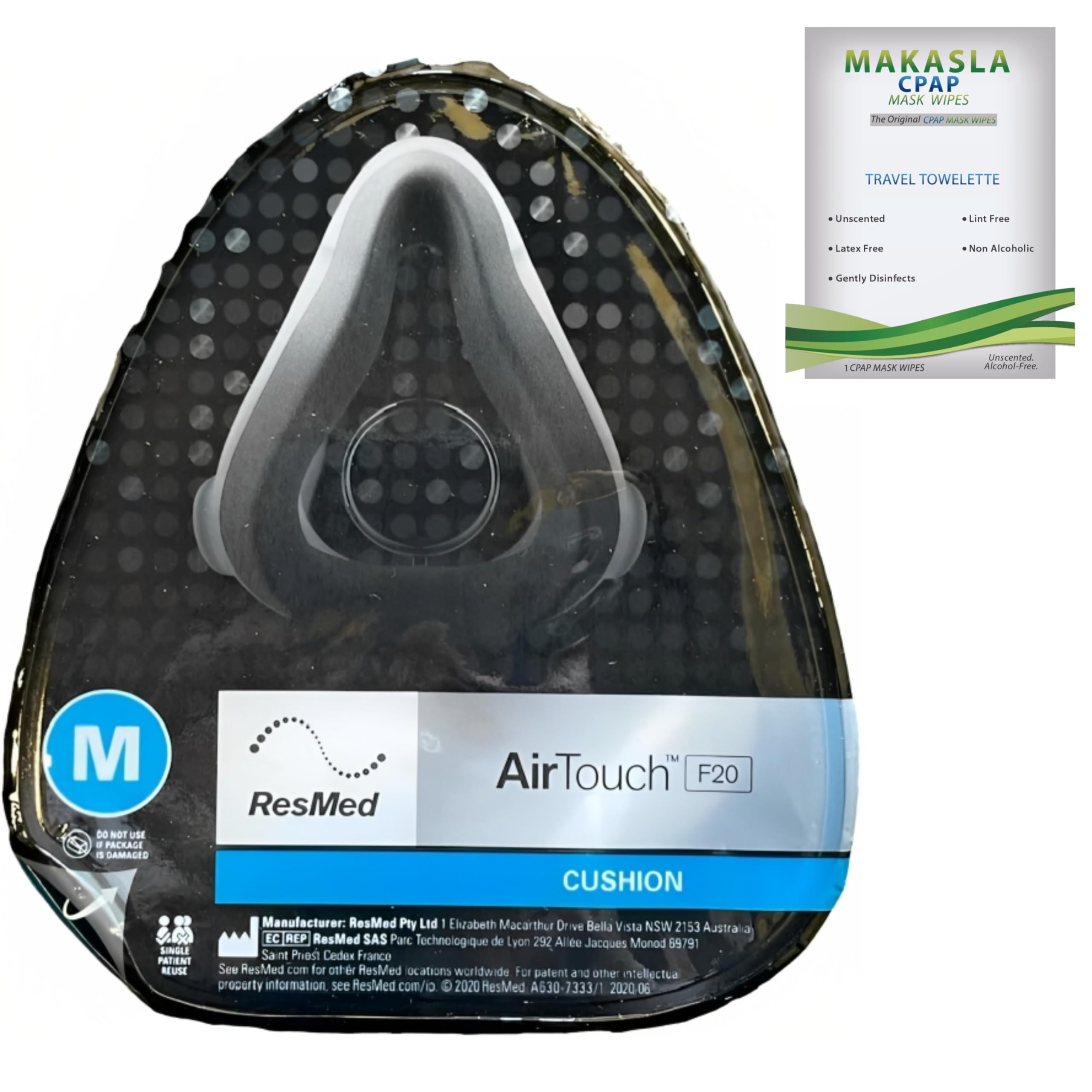 Makasla F20 cusion mask bundle with Cpap cleaning wipes - Provides an Excellent Seal - Medium size