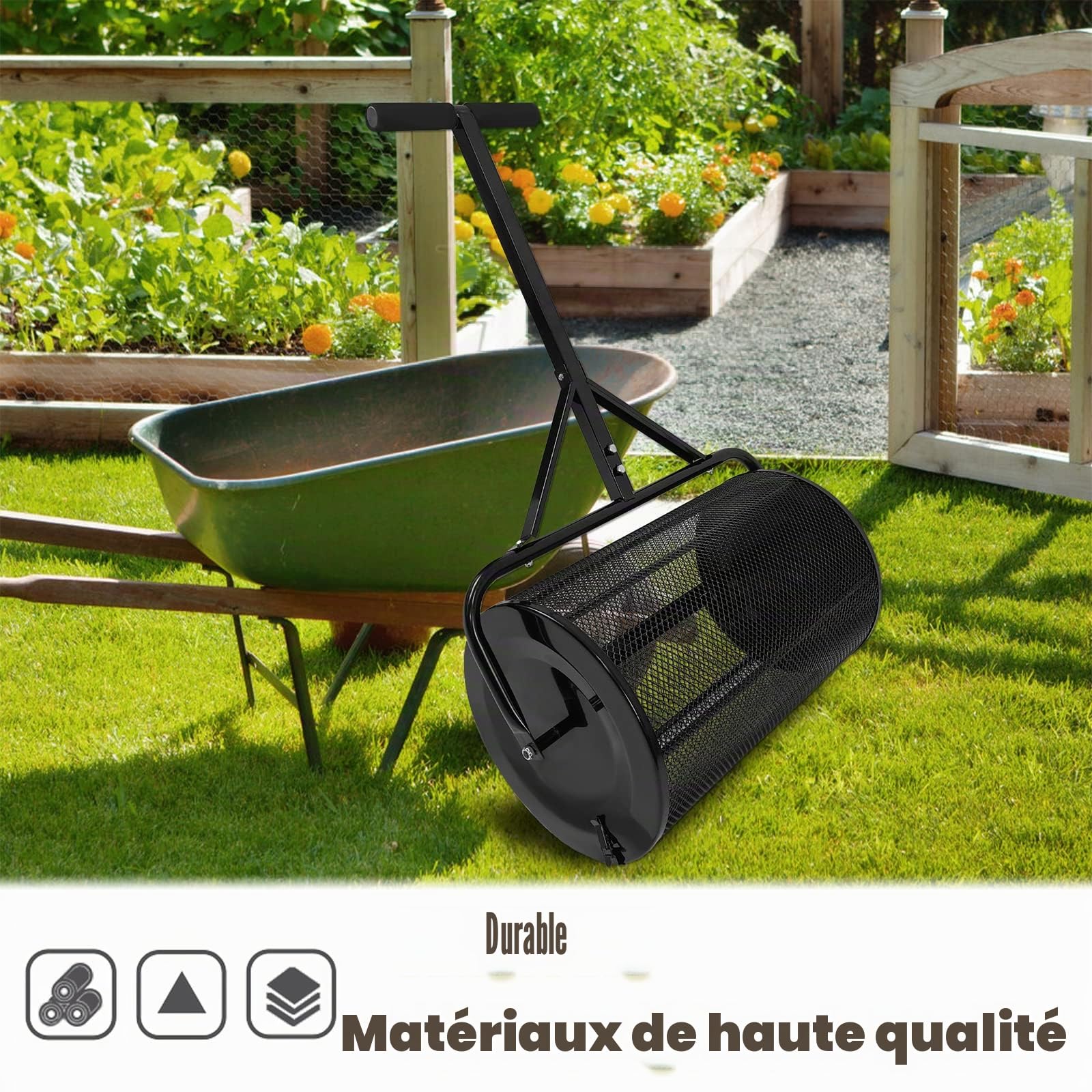 Épandeur d'engrais 40 x 65 cm Composteur en métal avec poignée en éponge Panier en maille pour pelouse Graines Épandeur de jardin