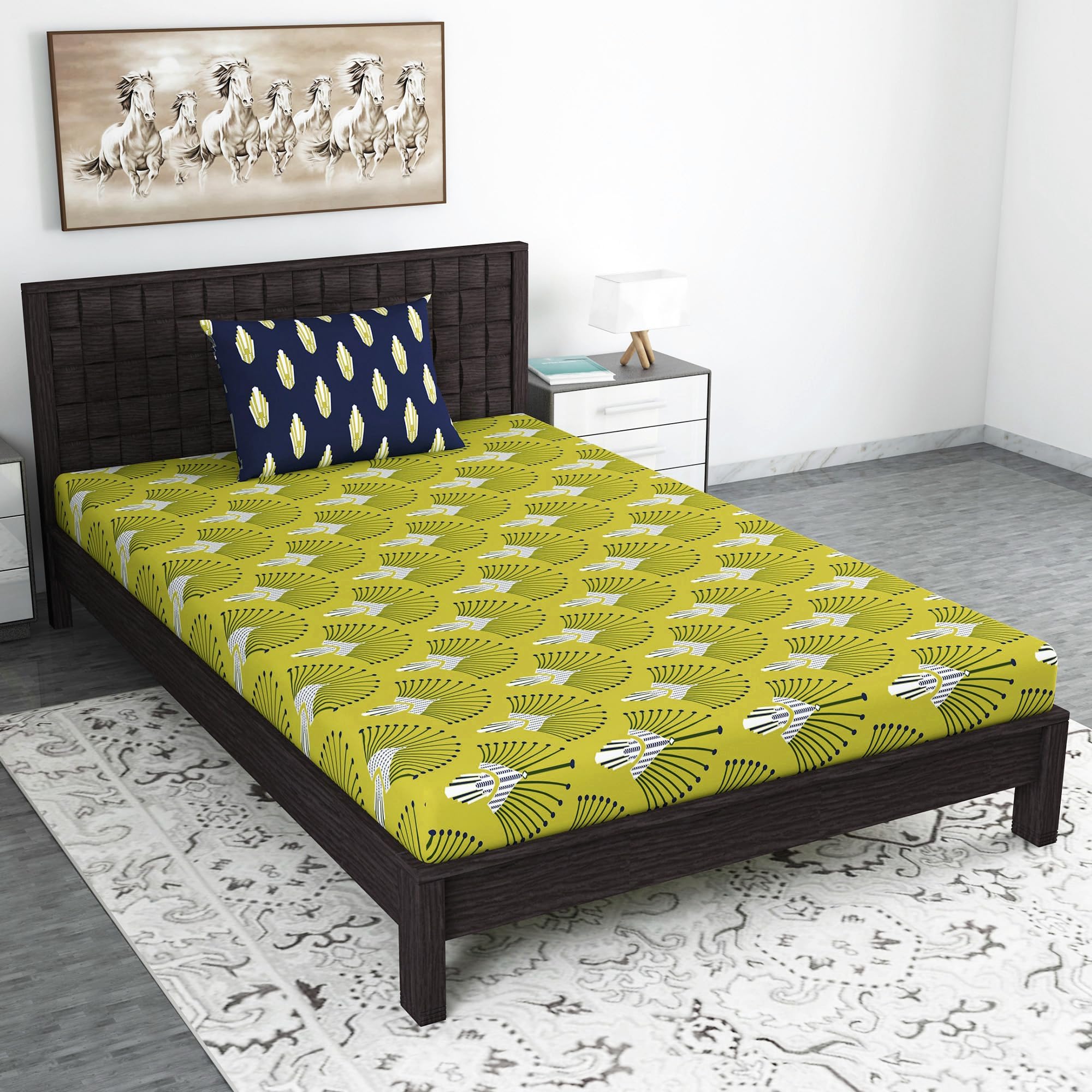Divine Casa Cotton Bedsheet for Single Bed, 144 TC Bedsheet Single Size Bed Cotton with 1 Pillow Cover (145 X 223 cm, Olive Navy, Floral)